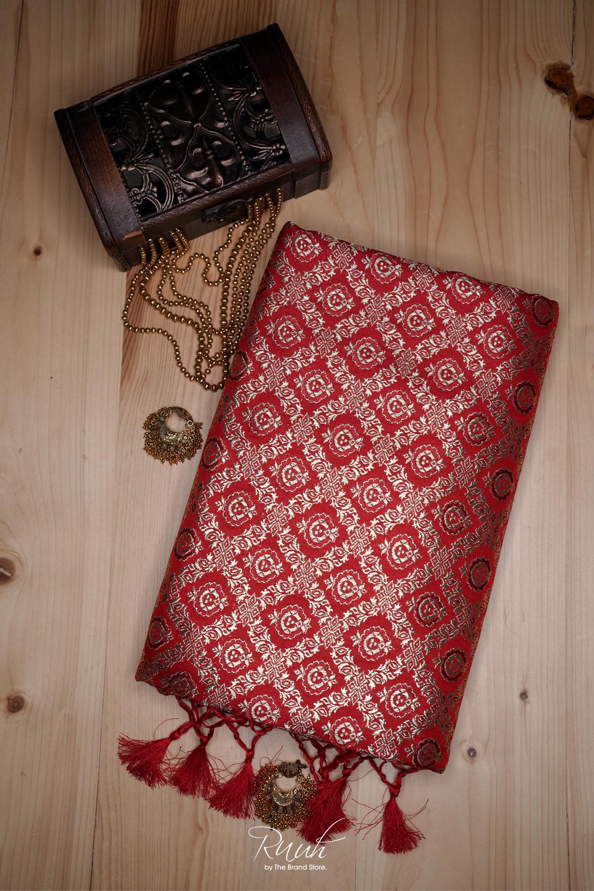 DEEP RED BANARASI SEMI KATAN SAREE