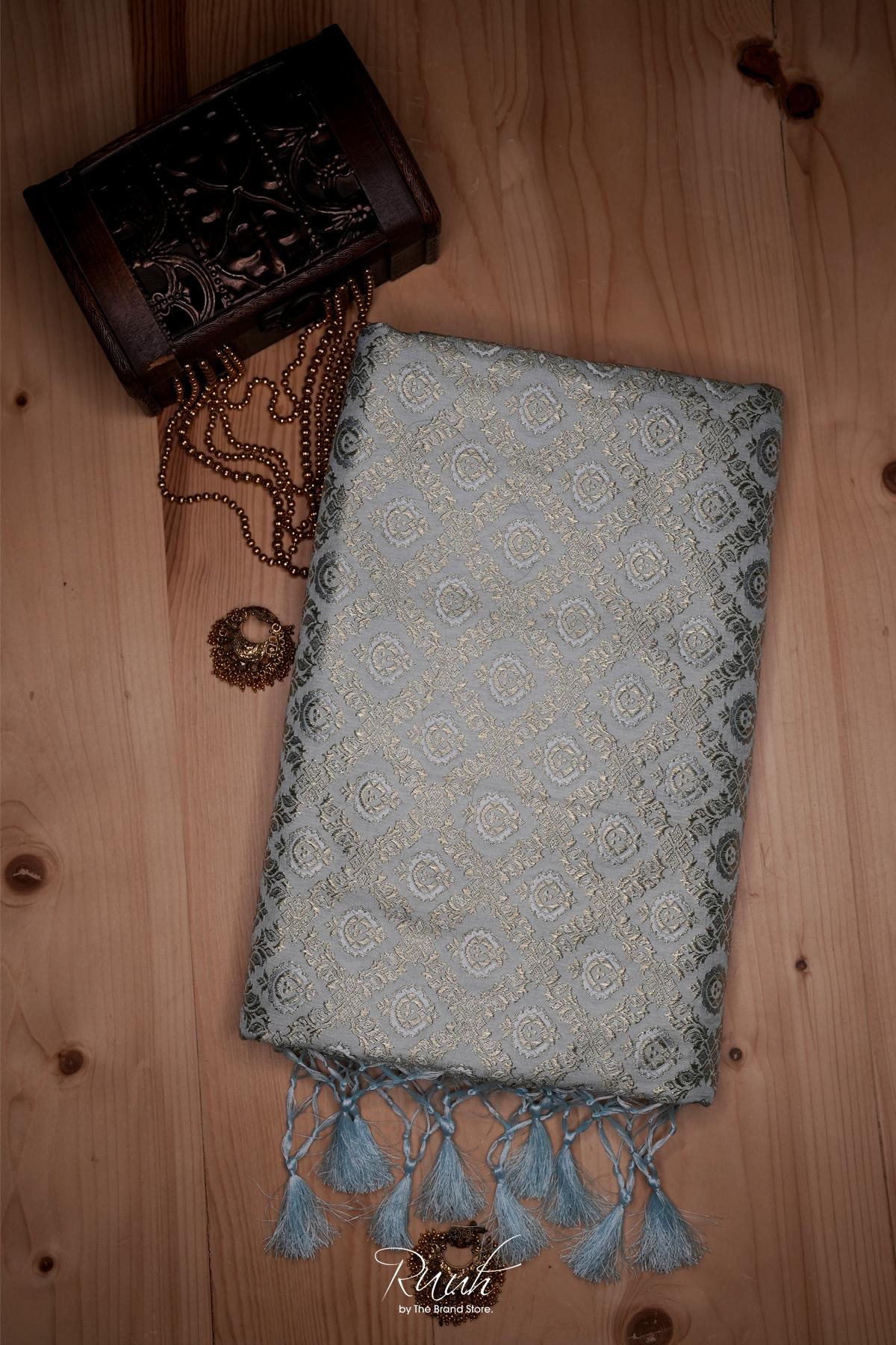 POWDER BLUE BANARASI SEMI KATAN SAREE