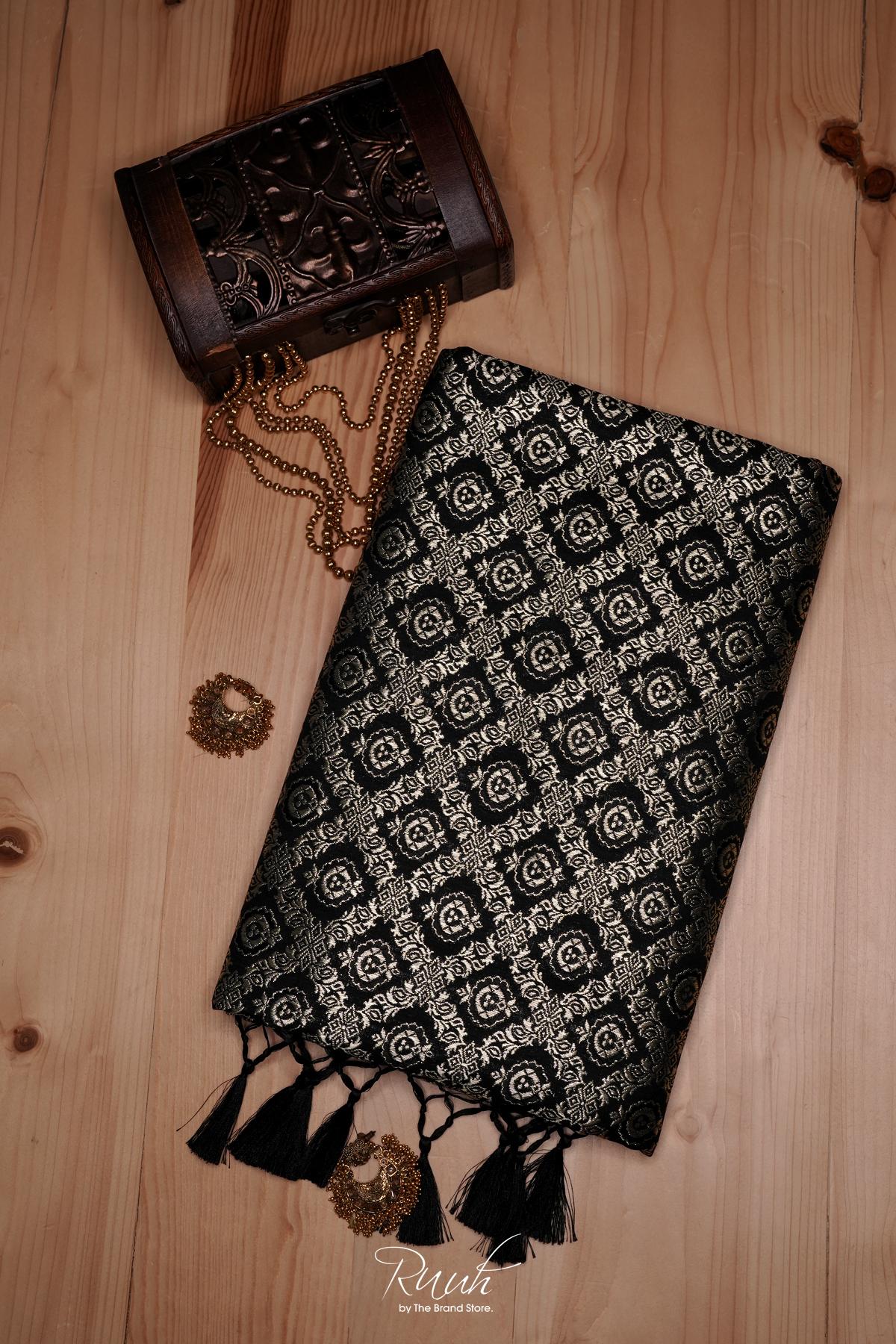 BLACK BANARASI SEMI KATAN SAREE