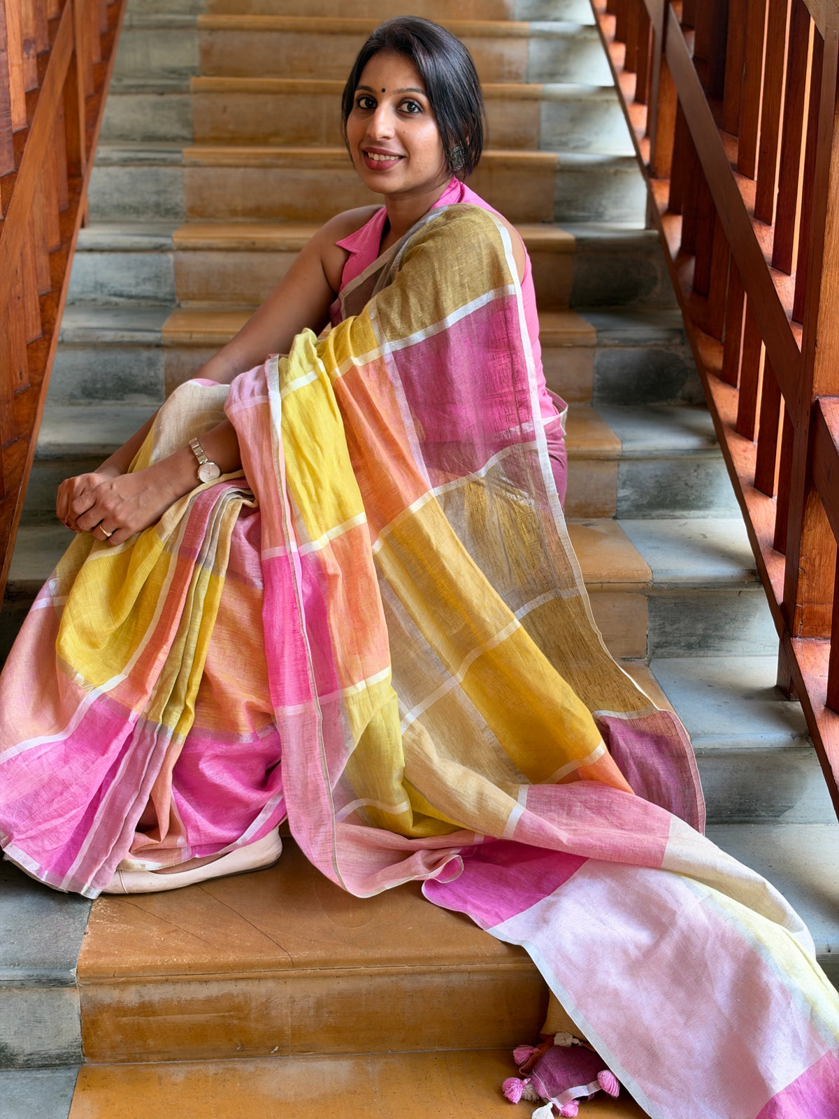 MULTI COLOUR LINEN CHECK SAREE - TBS26MLC