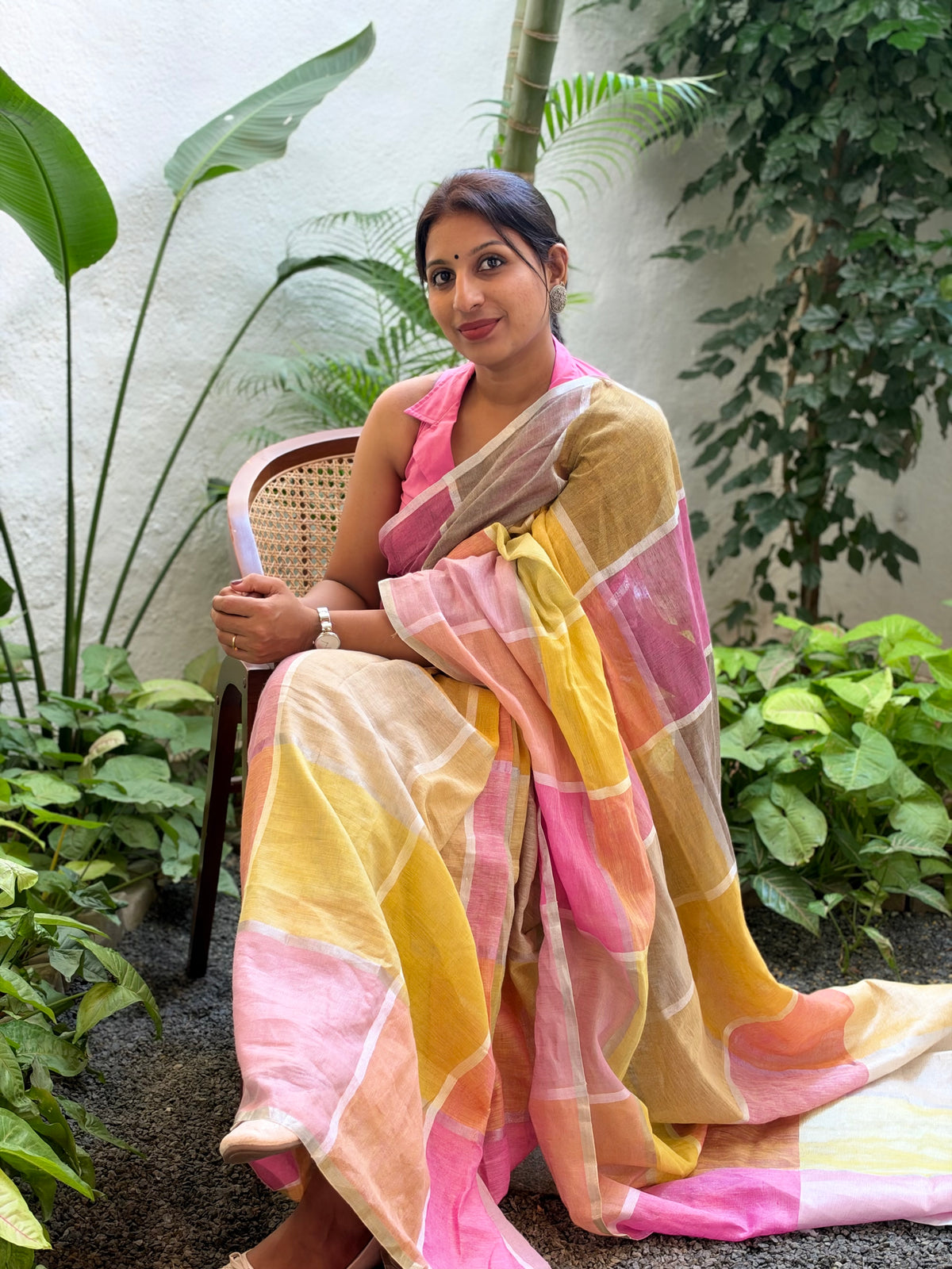 MULTI COLOUR LINEN CHECK SAREE - TBS26MLC