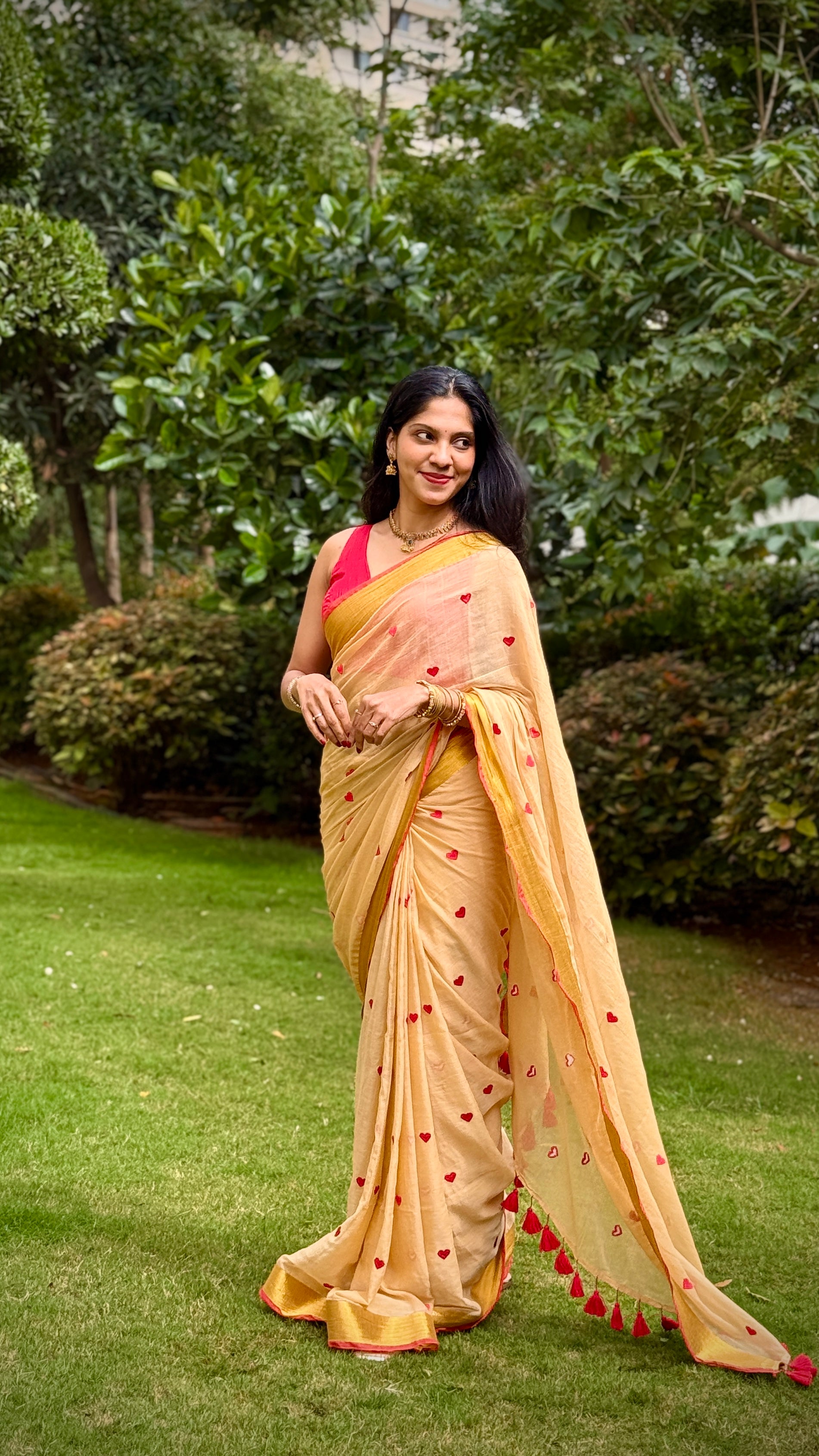 RED HEART EMBROIDERED MULMUL SAREE- TBS26HE