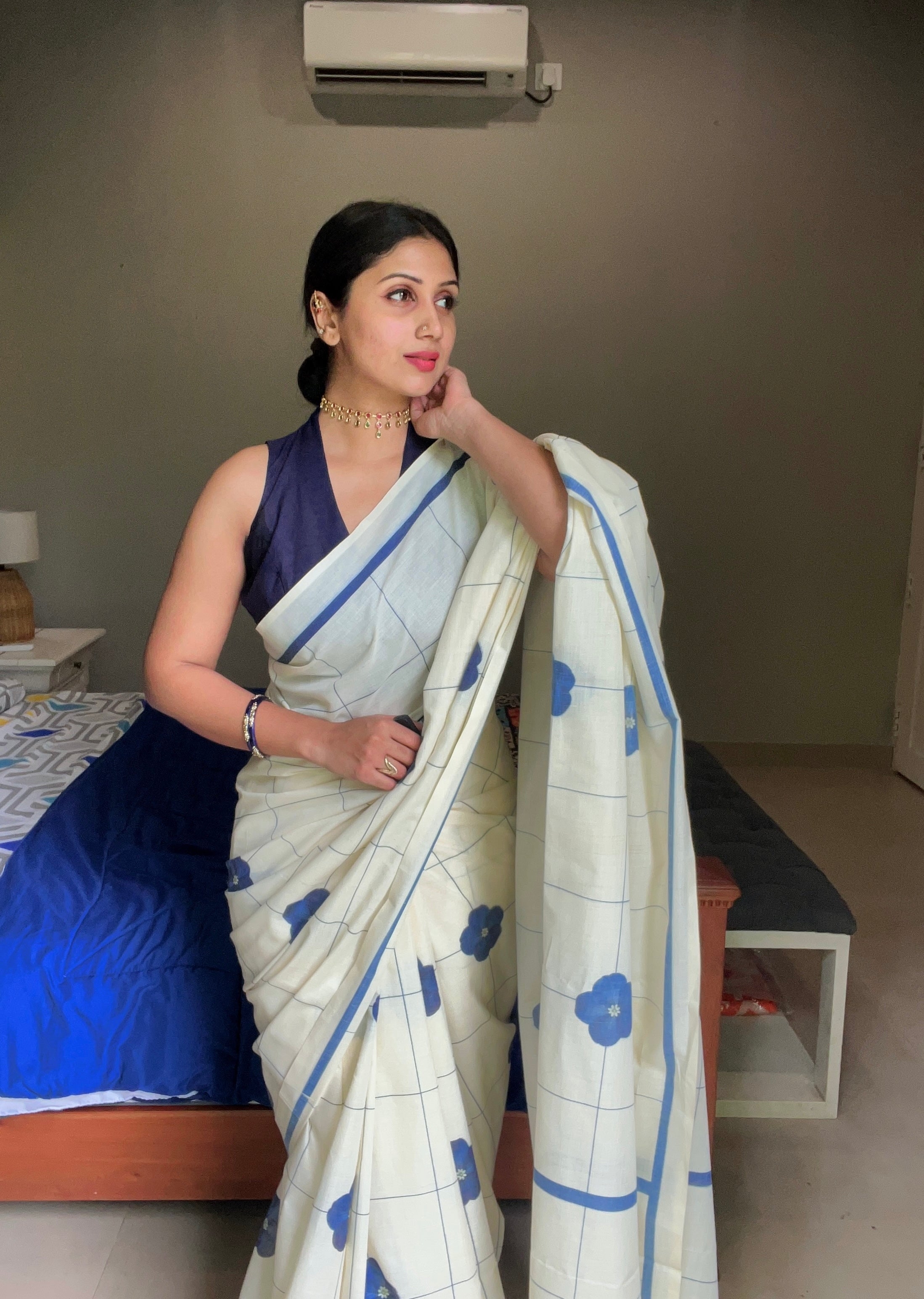 FLORAL PRINTED COTTON CHECK SAREE- TBS26OFC