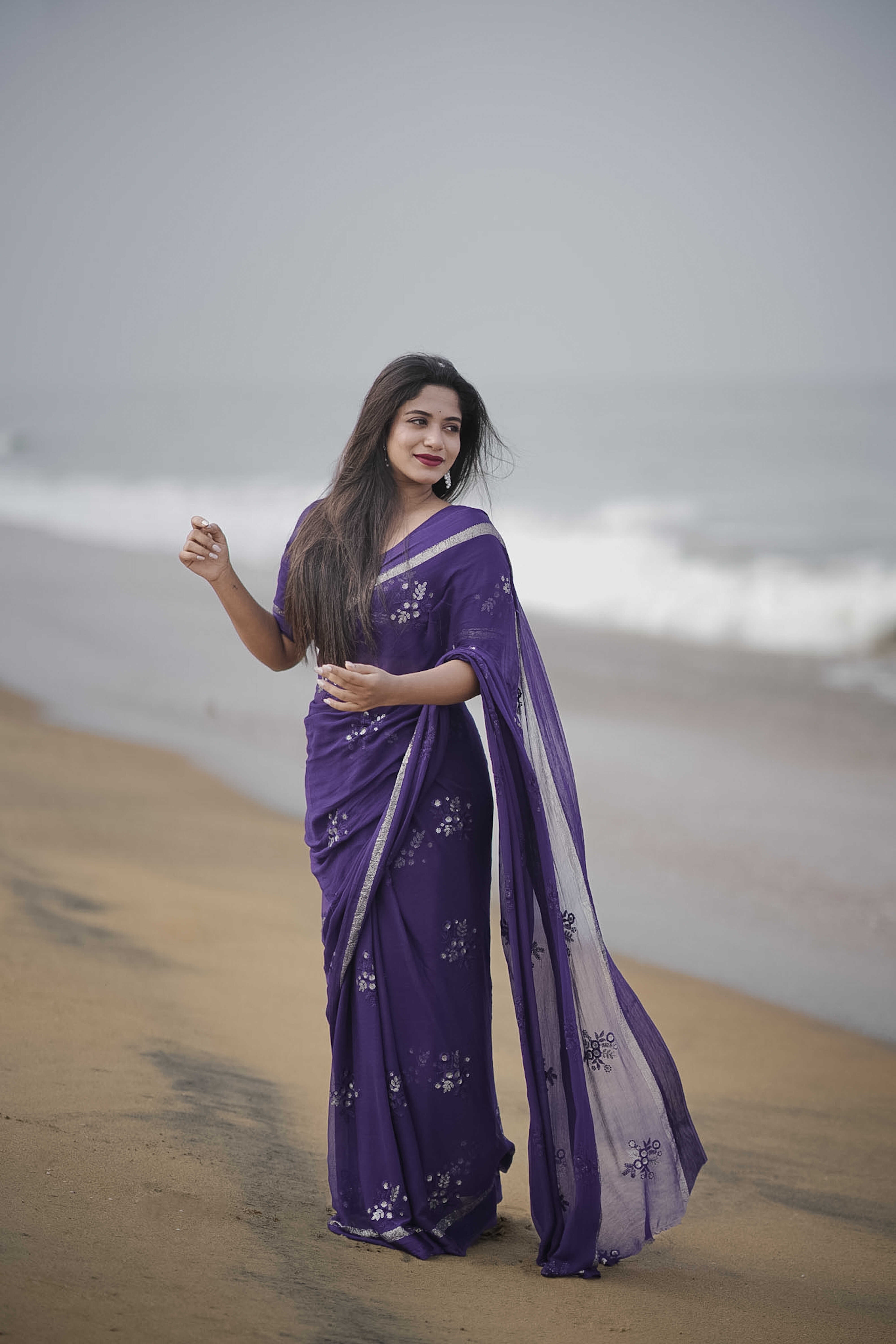 PURPLE VISCOSE GEORGETTE FLORAL DESIGN SAREE