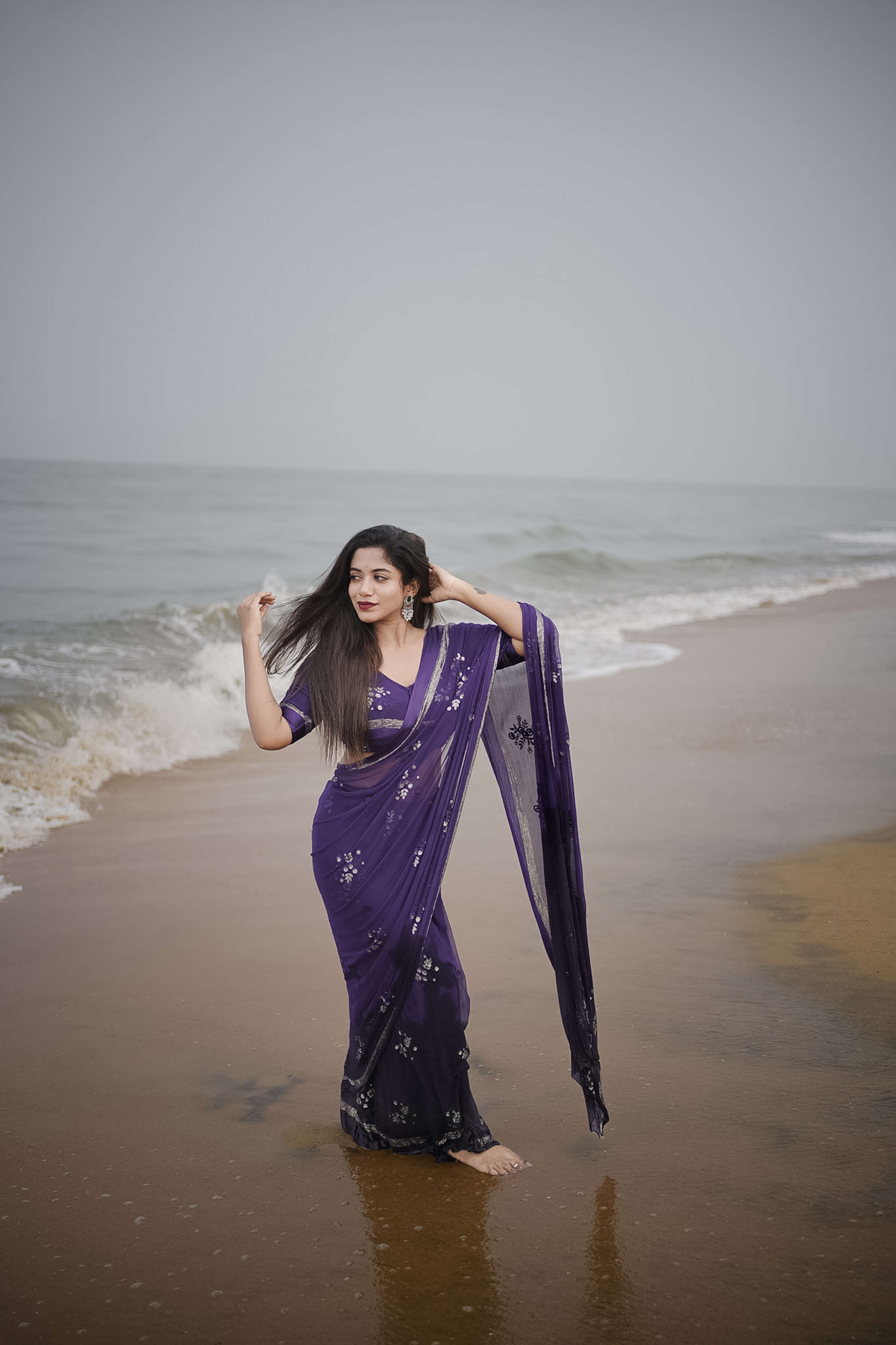 PURPLE VISCOSE GEORGETTE FLORAL DESIGN SAREE