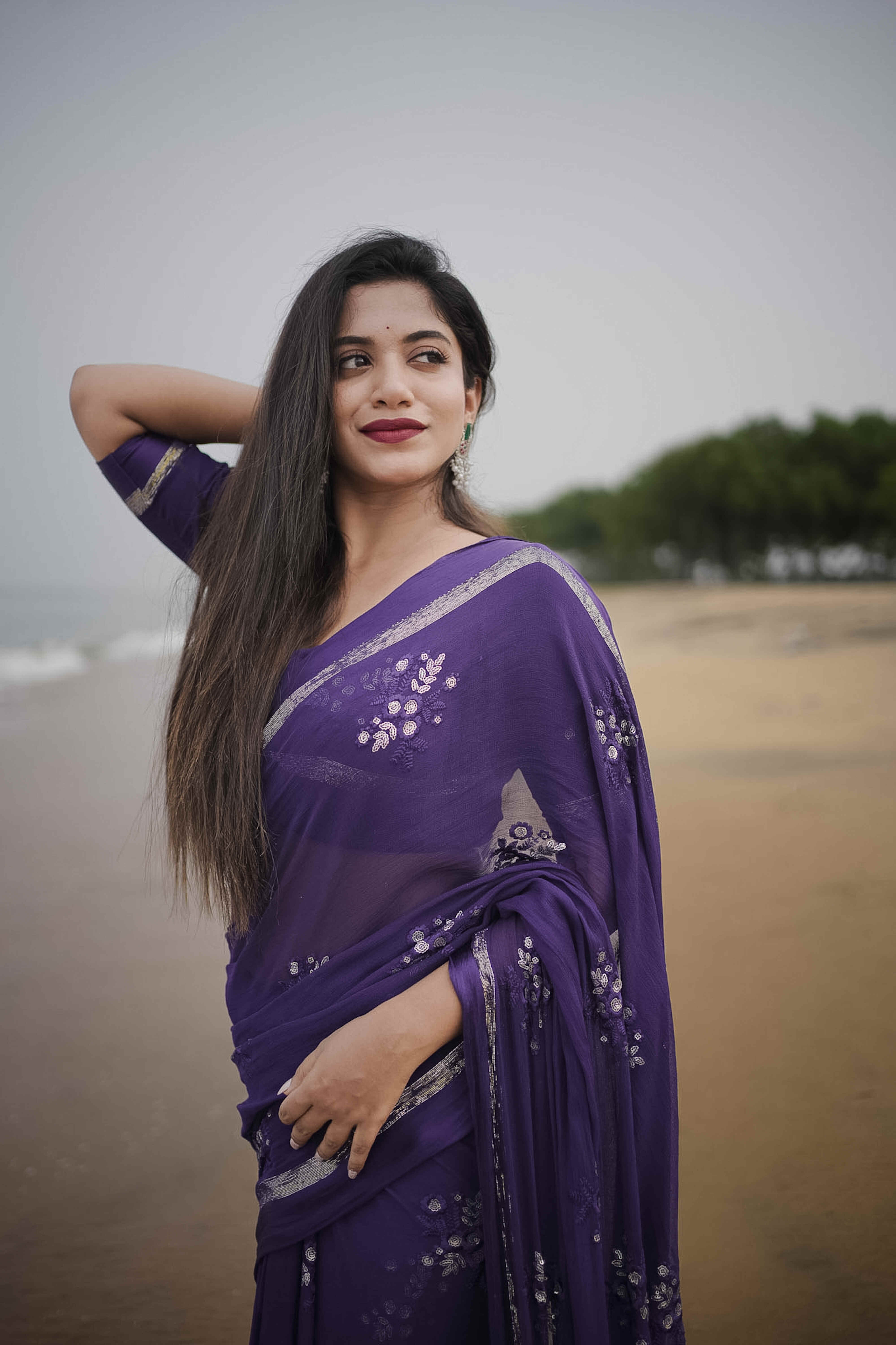 PURPLE VISCOSE GEORGETTE FLORAL DESIGN SAREE