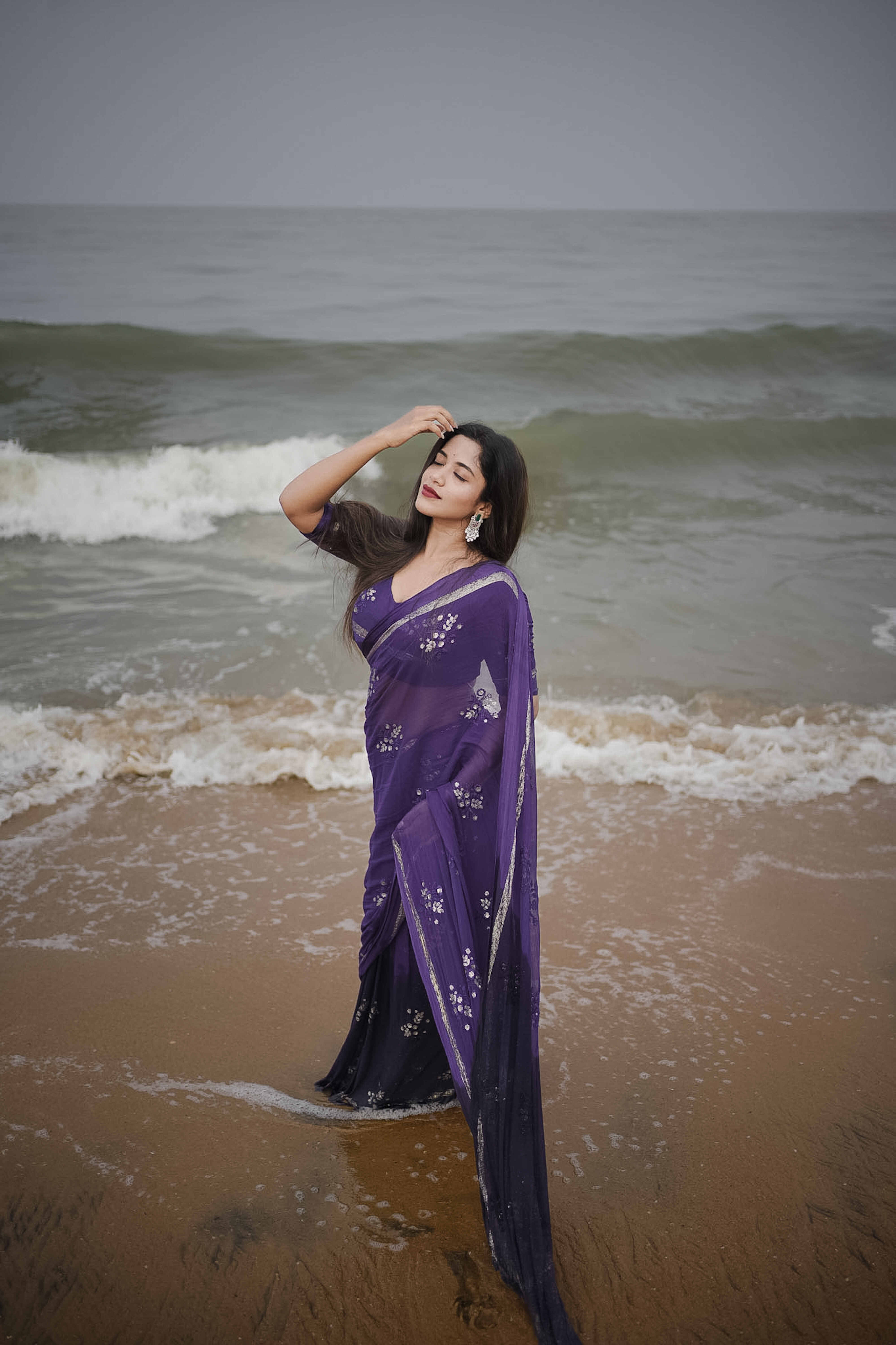 PURPLE VISCOSE GEORGETTE FLORAL DESIGN SAREE