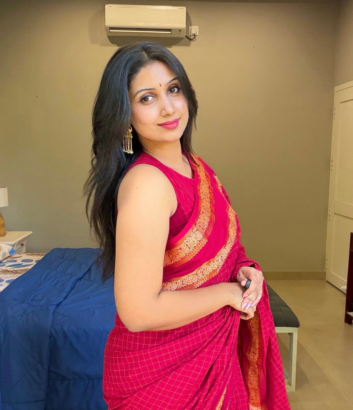 KANCHI COTTON IN RED CHECKS- TBS26KCB