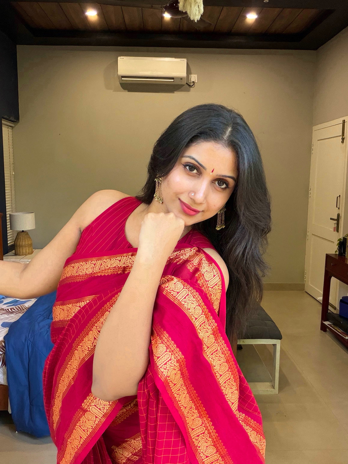KANCHI COTTON IN RED CHECKS- TBS26KCB