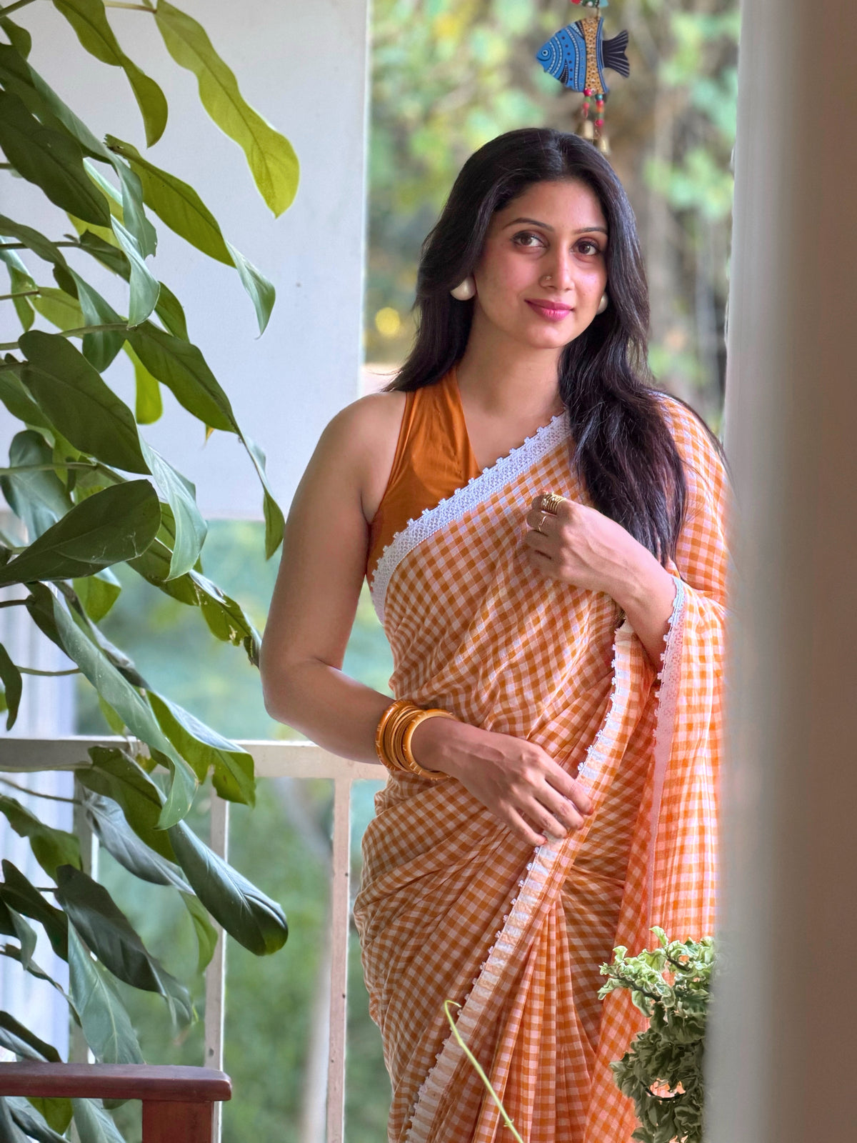 MUL COTTON CHECKS WITH LACE - PEACH-TBS26MCC