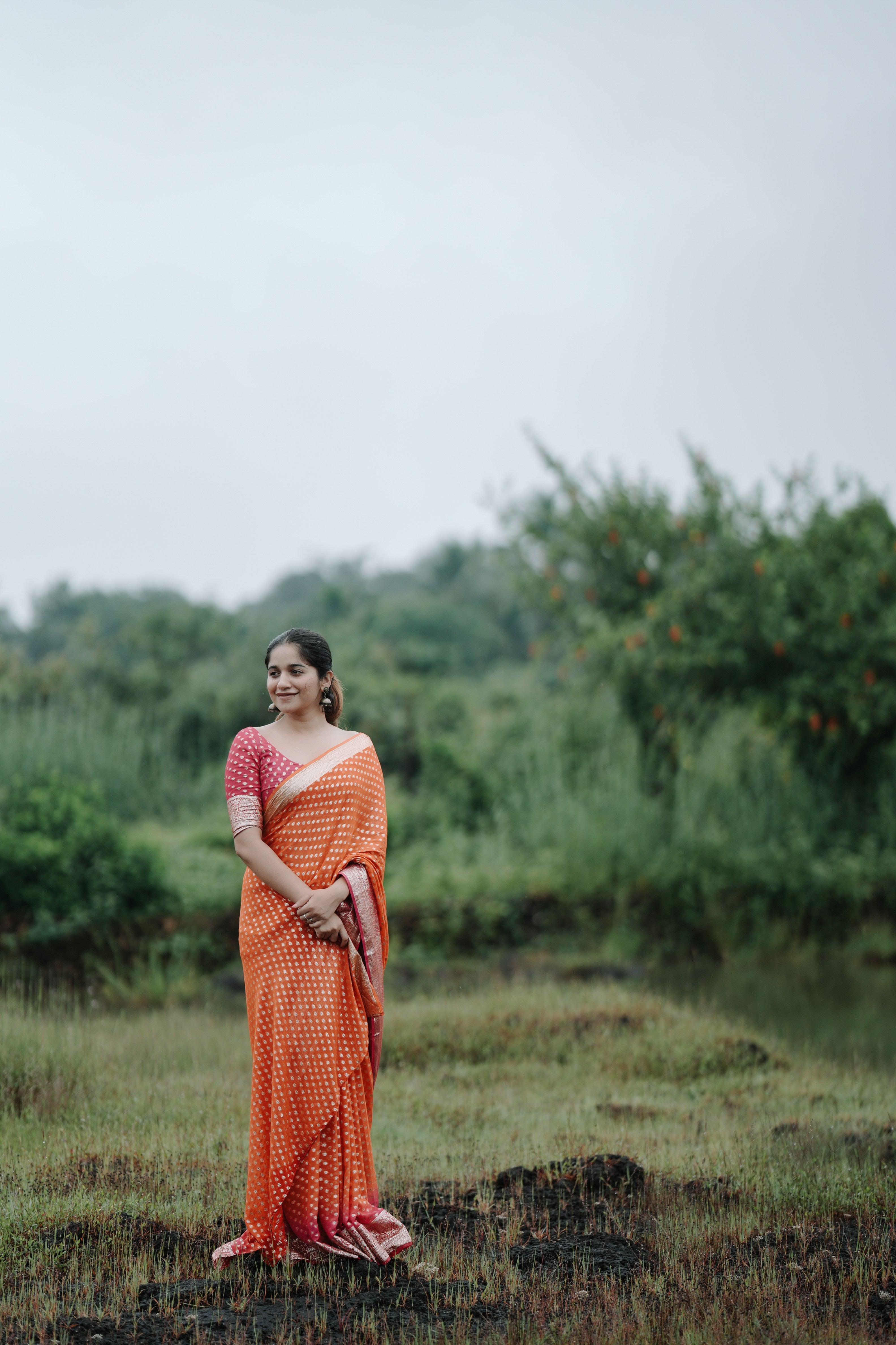 ORANGE-PINK VISCOSE GEORGETTE SAREE