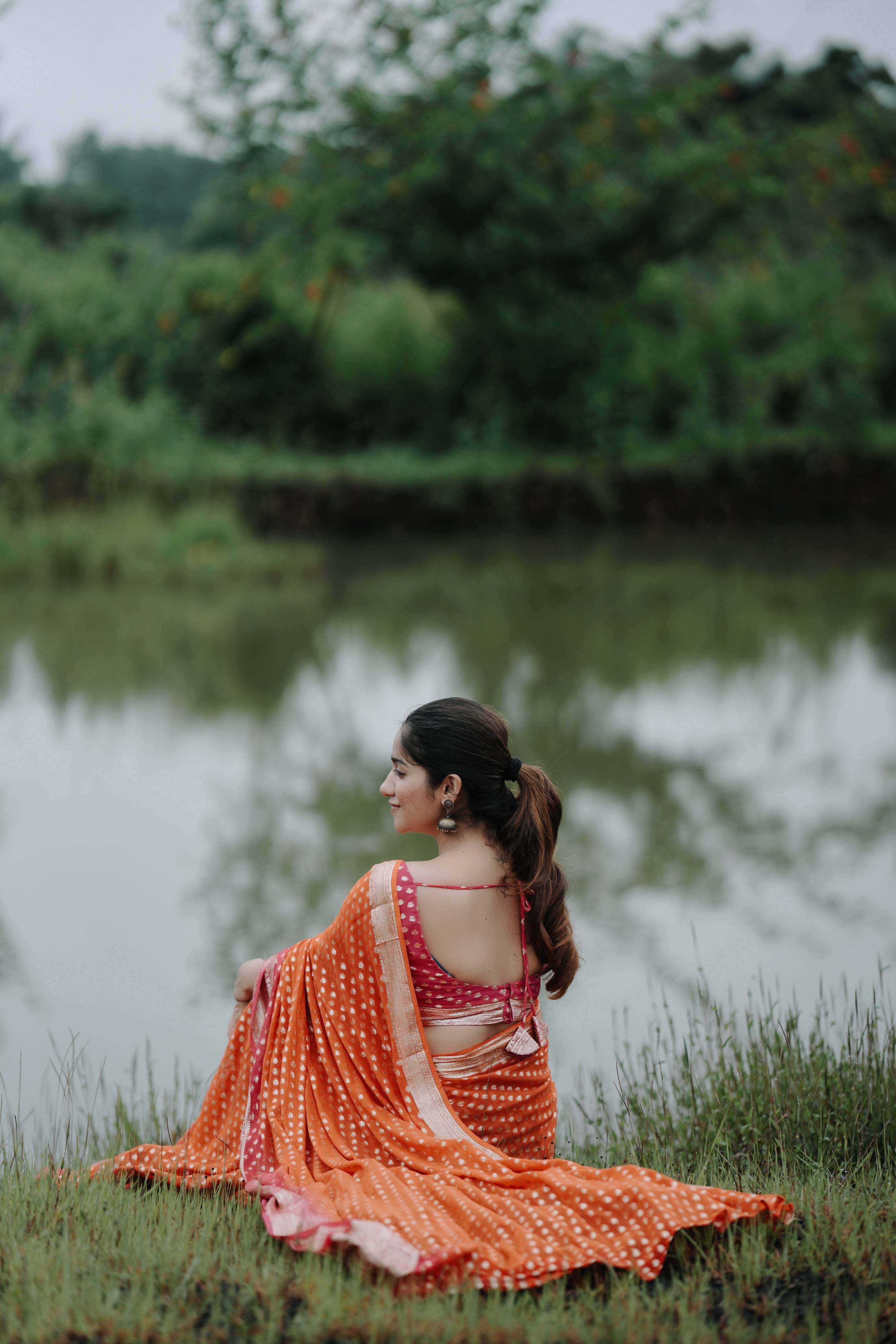 ORANGE-PINK VISCOSE GEORGETTE SAREE