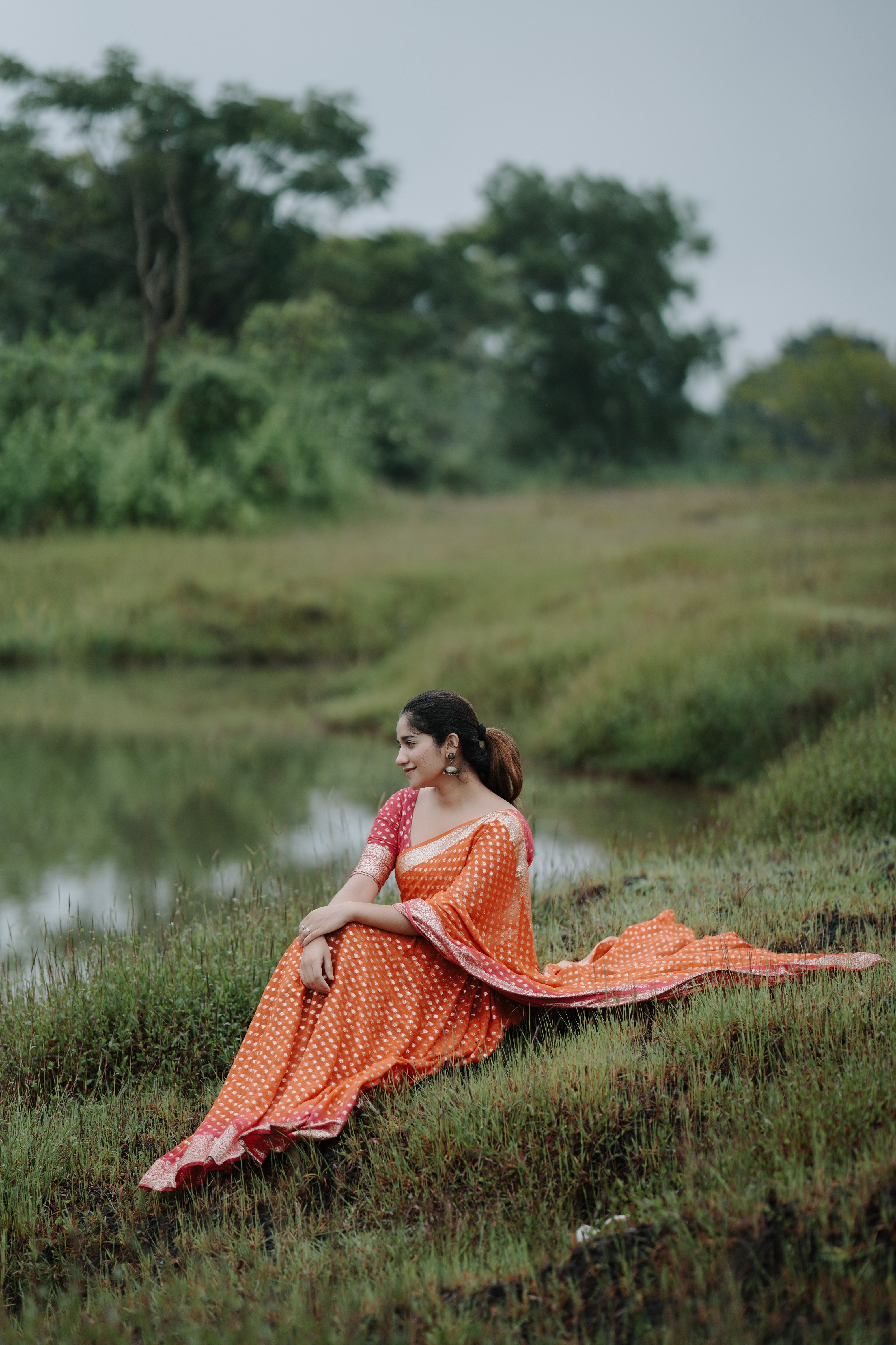 ORANGE-PINK VISCOSE GEORGETTE SAREE