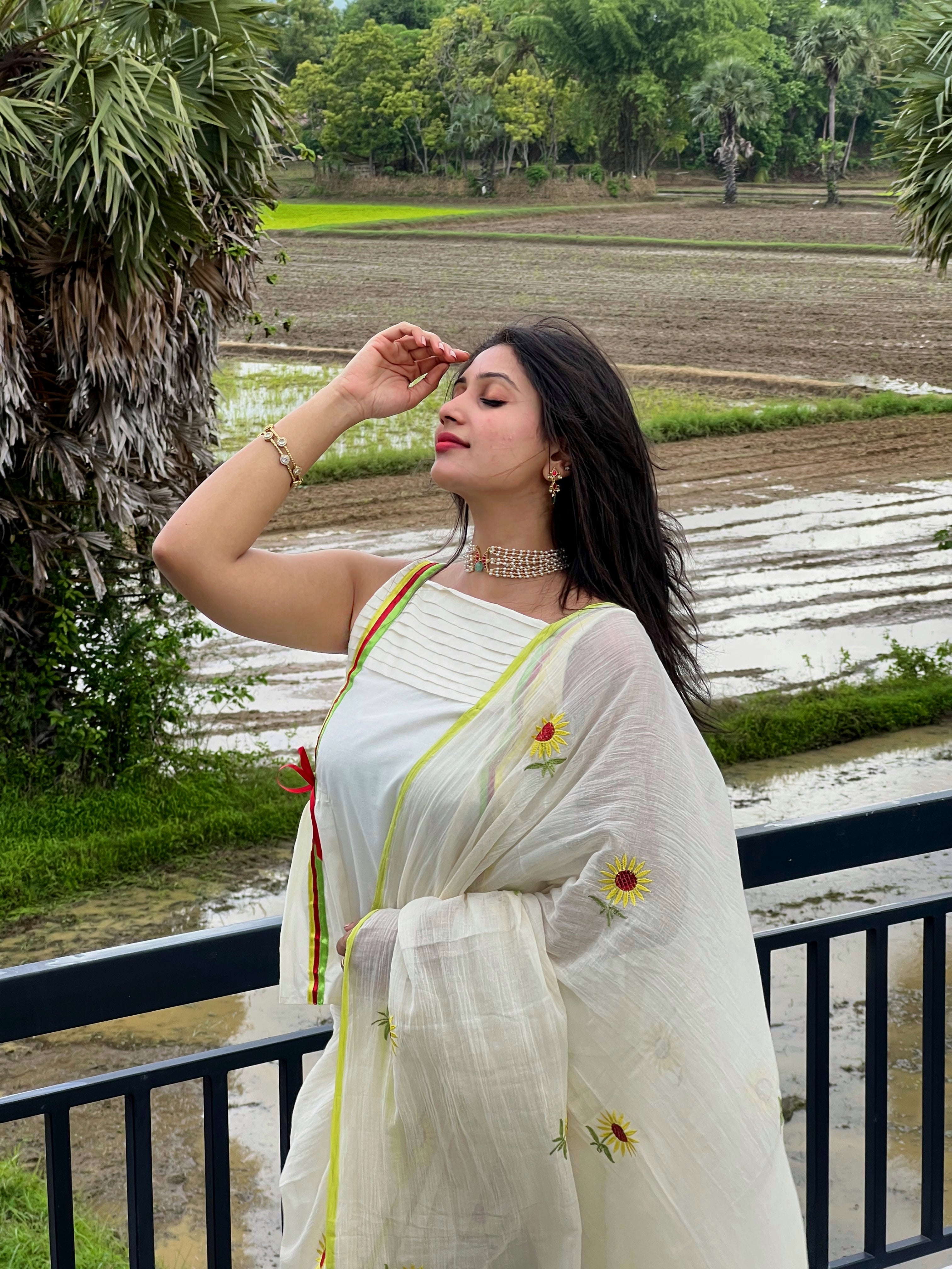 SUNFLOWER EMBROIDERY MUL MUL COTTON SAREE - TBS26SF