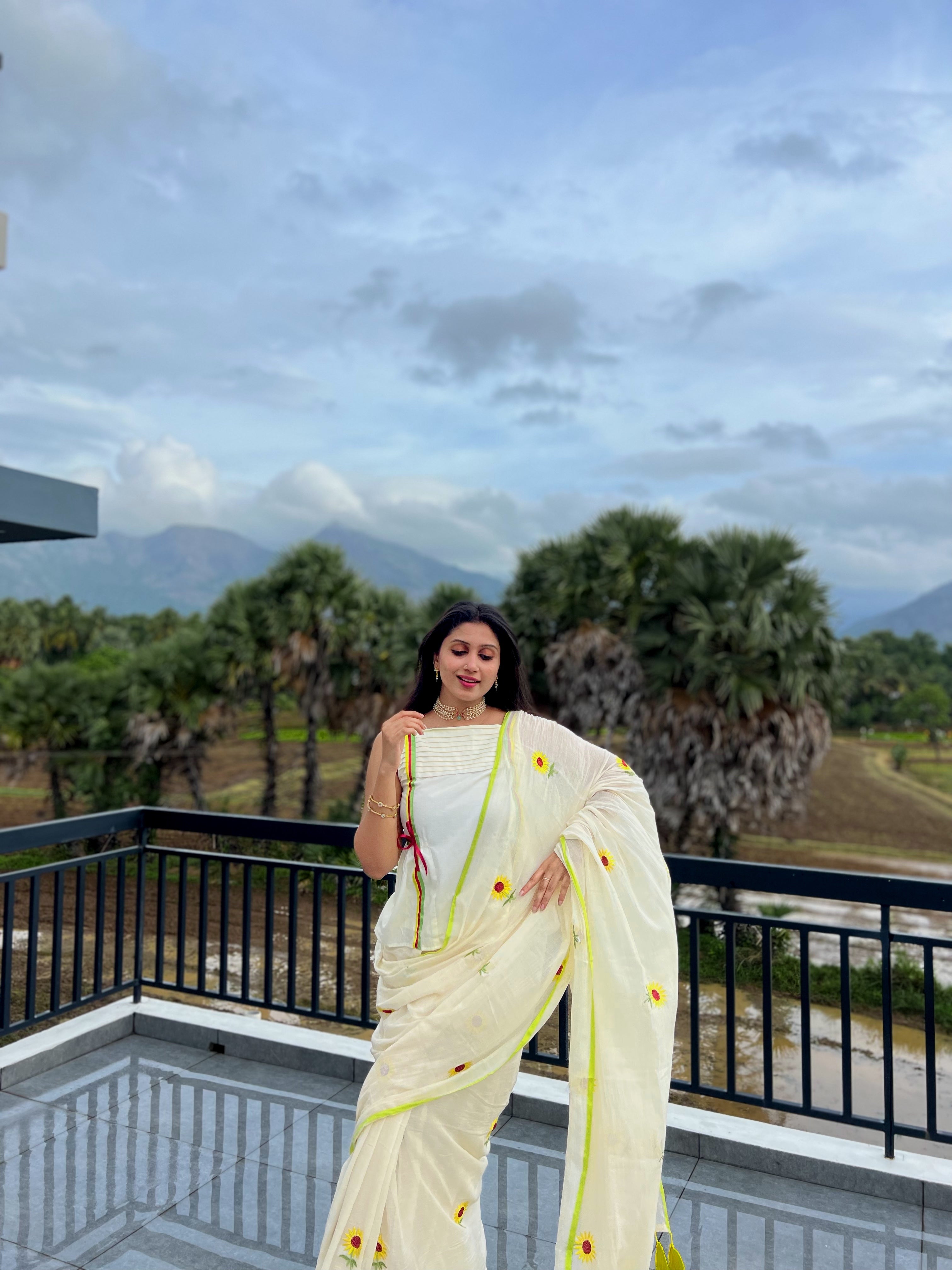SUNFLOWER EMBROIDERY MUL MUL COTTON SAREE - TBS26SF