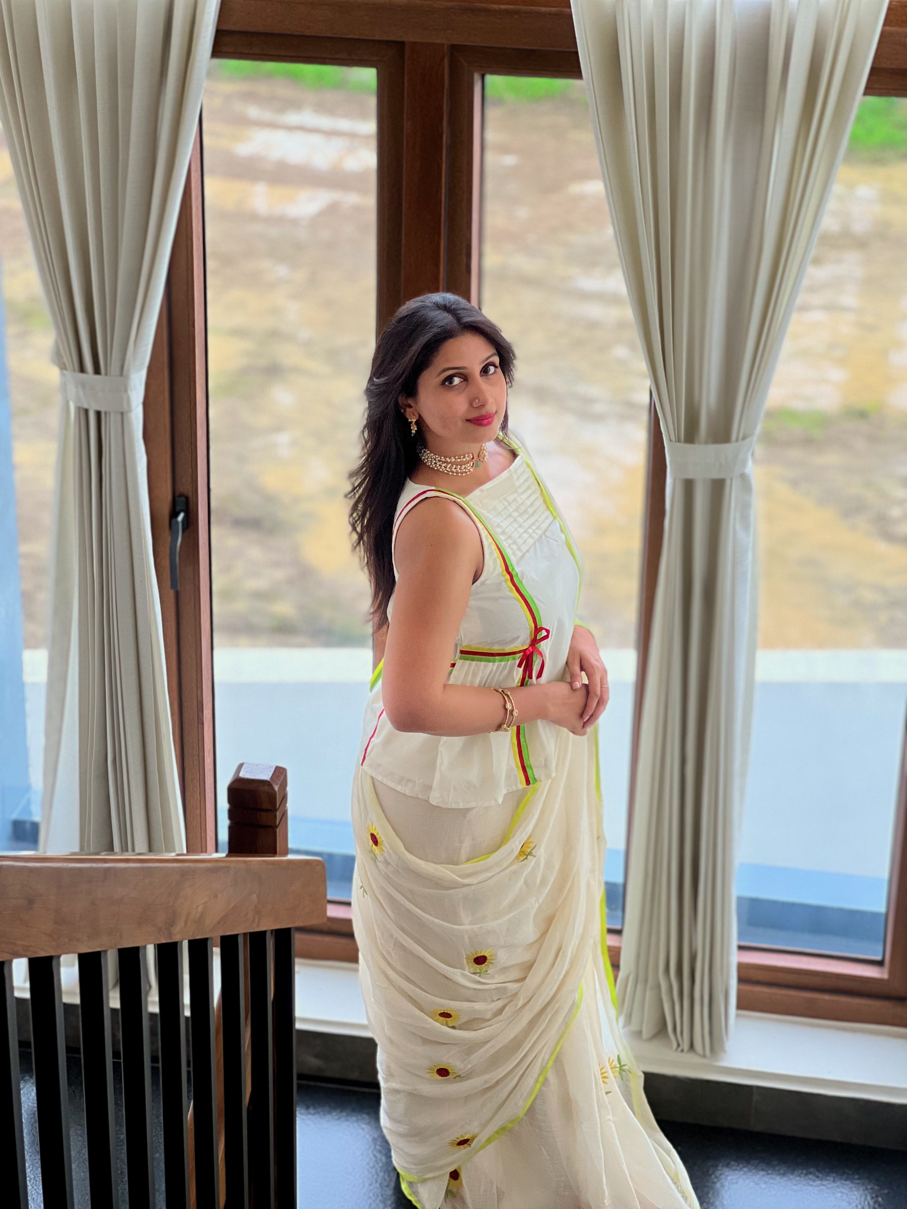 SUNFLOWER EMBROIDERY MUL MUL COTTON SAREE - TBS26SF