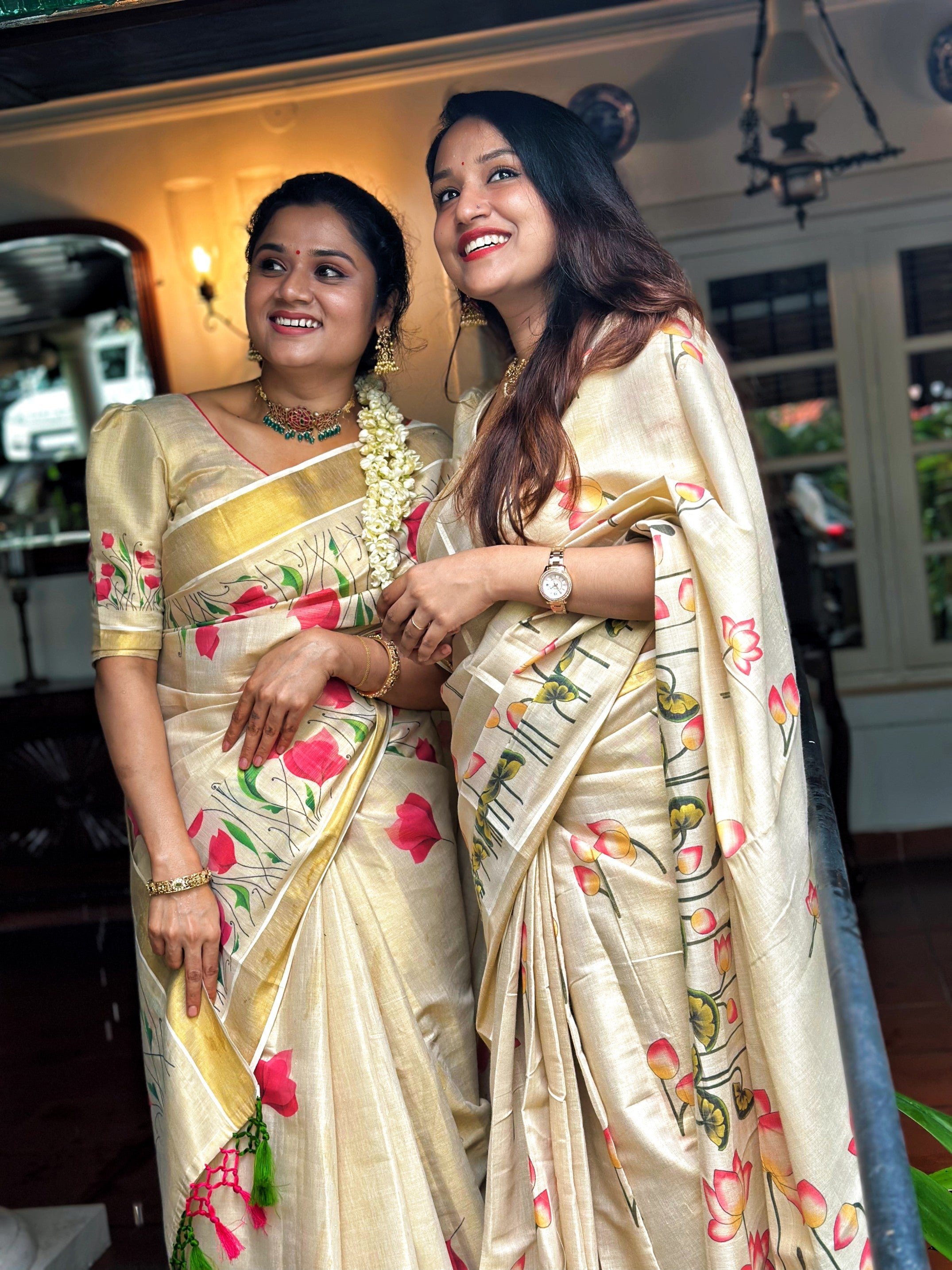PINK FLORAL PRINTED KERALA TISSUE SAREE