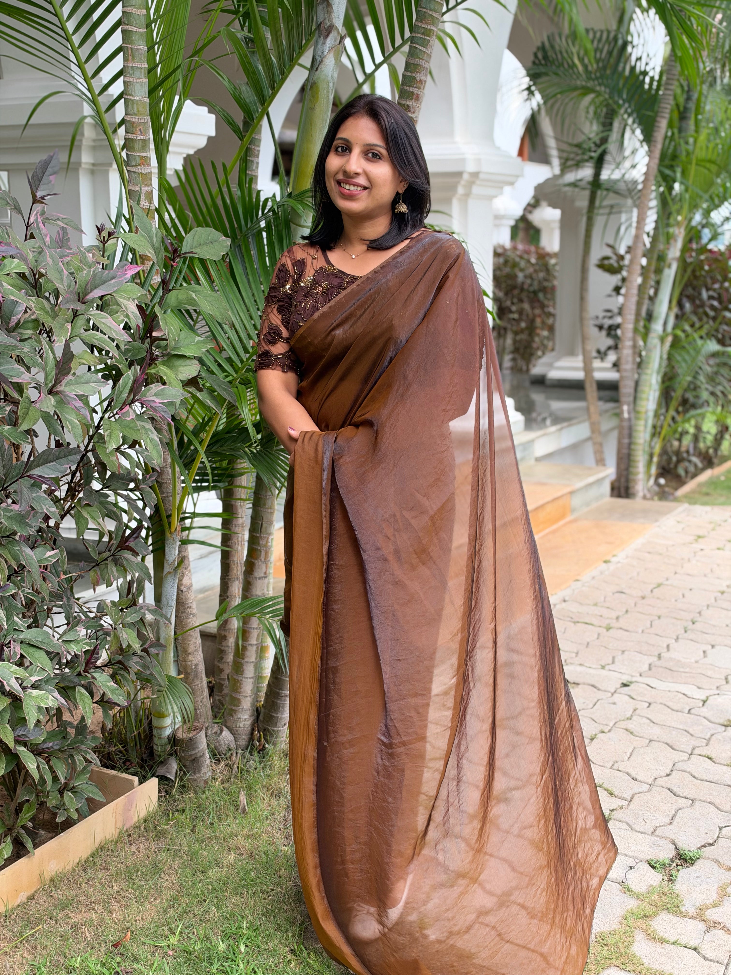 COFFEE BROWN SPACE SILK, NET BLOUSE