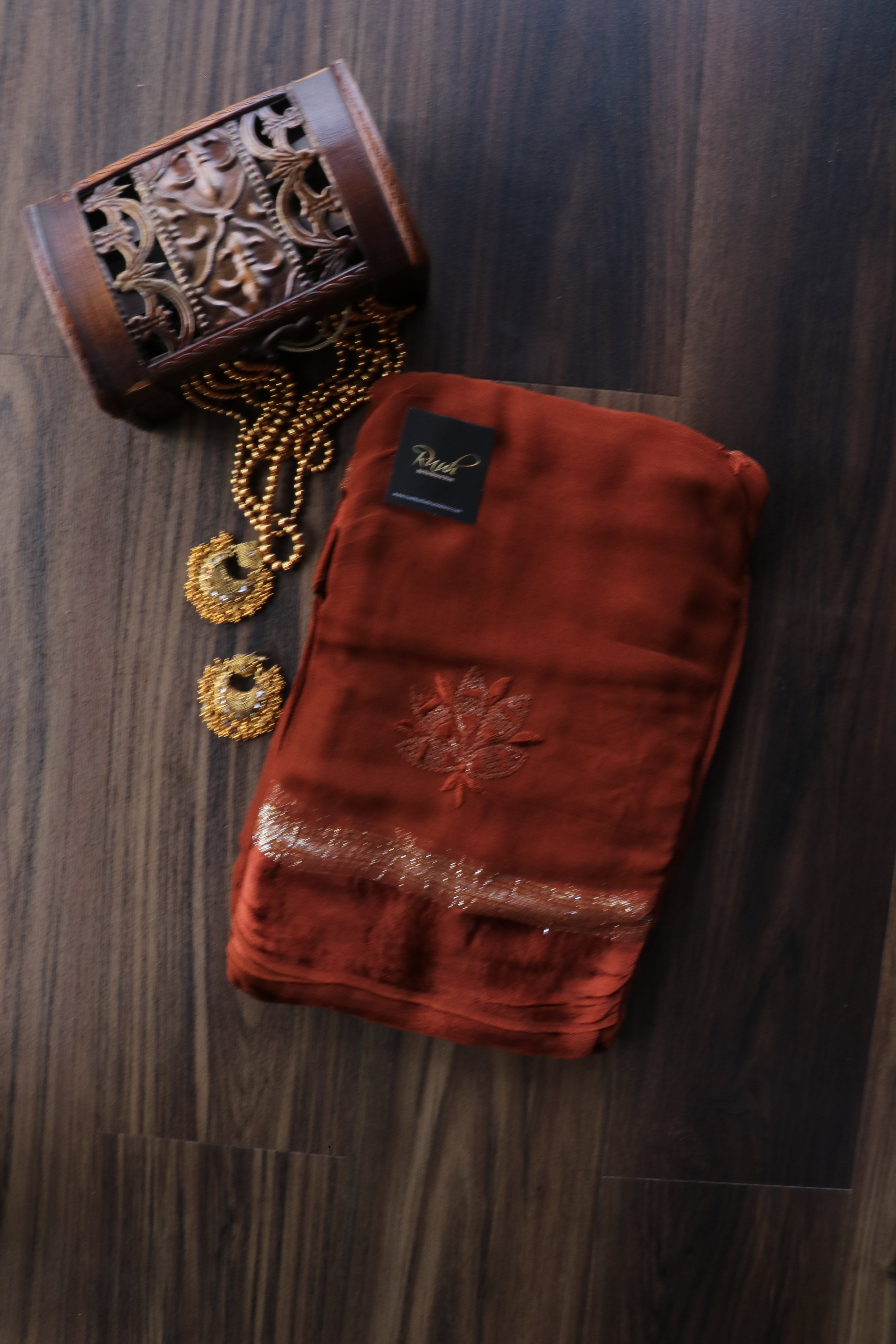 DARK BROWN VISCOSE GEORGETTE SAREE WITH LOTUS EMBROIDERY