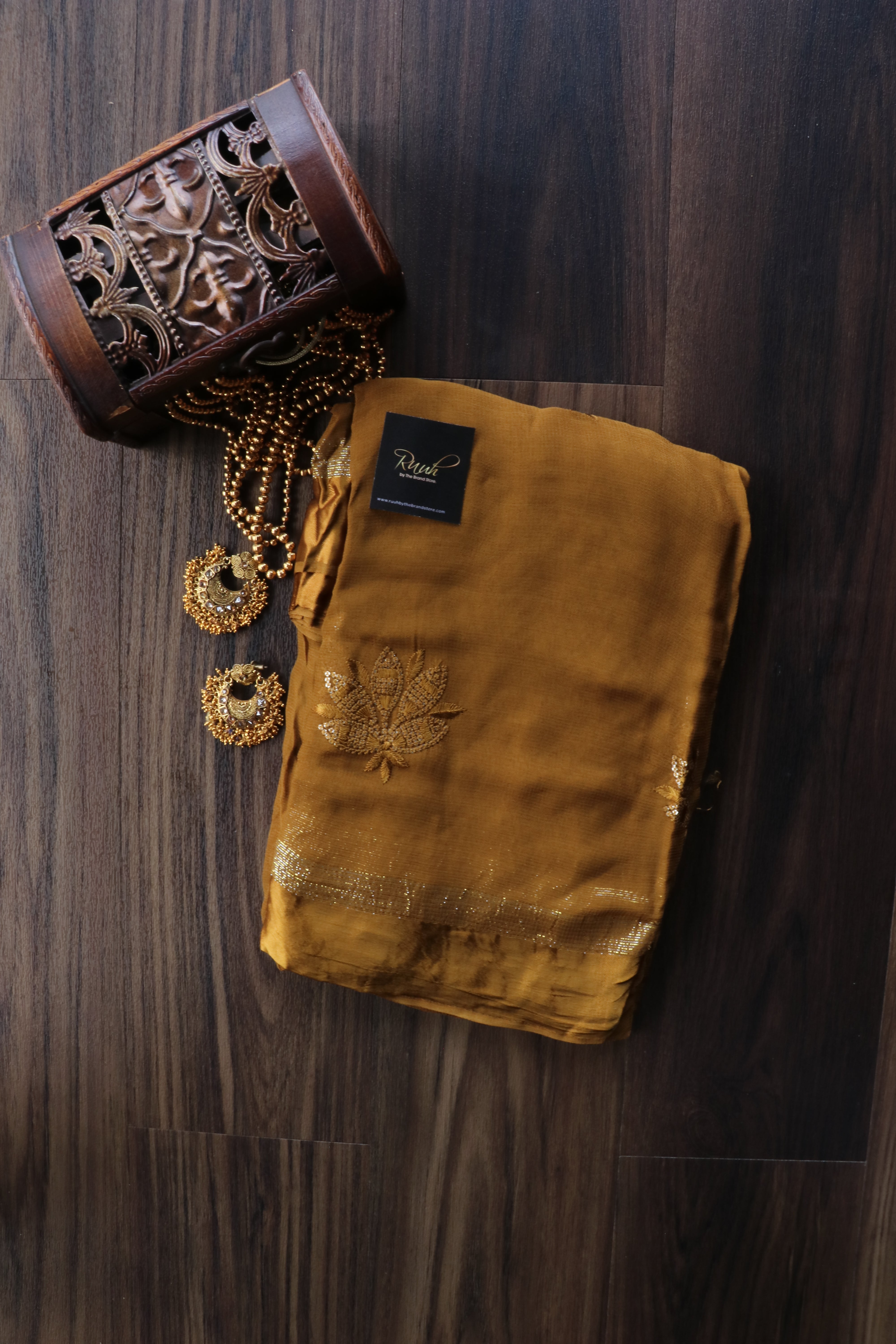 GOLDEN YELLOW VISCOSE GEORGETTE SAREE WITH LOTUS EMBROIDERY