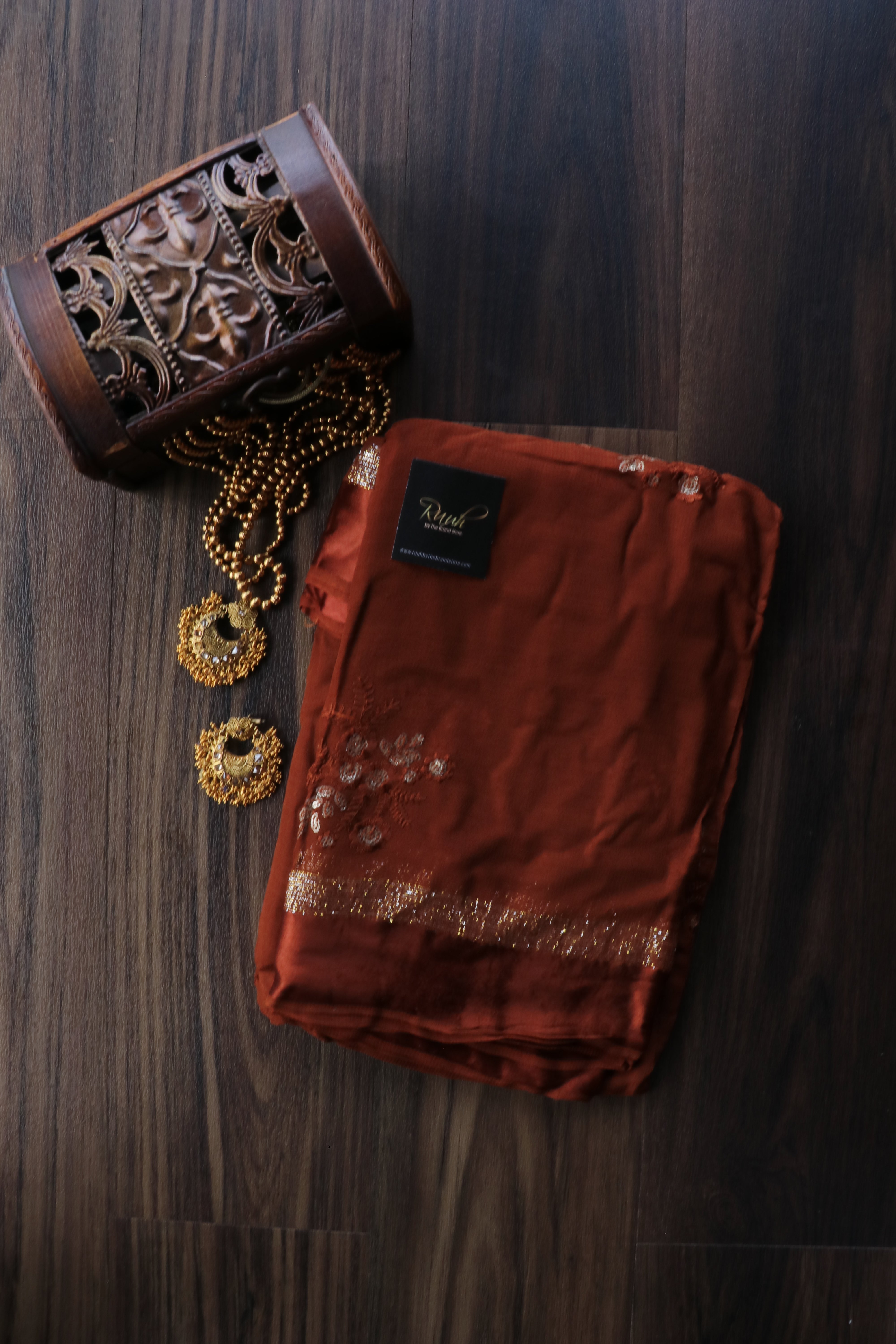DARK BROWN VISCOSE GEORGETTE FLORAL DESIGN SAREE