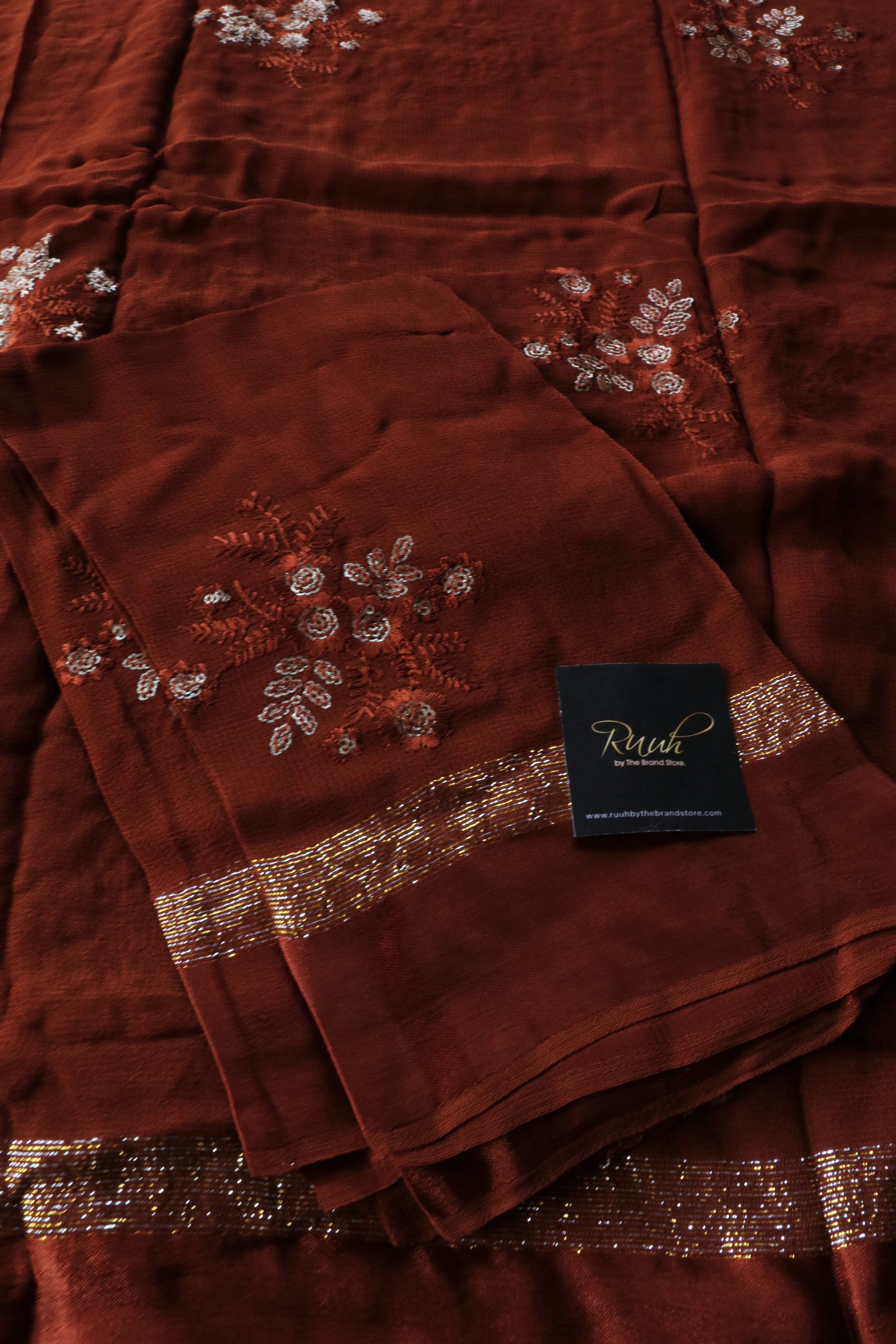 DARK BROWN VISCOSE GEORGETTE FLORAL DESIGN SAREE