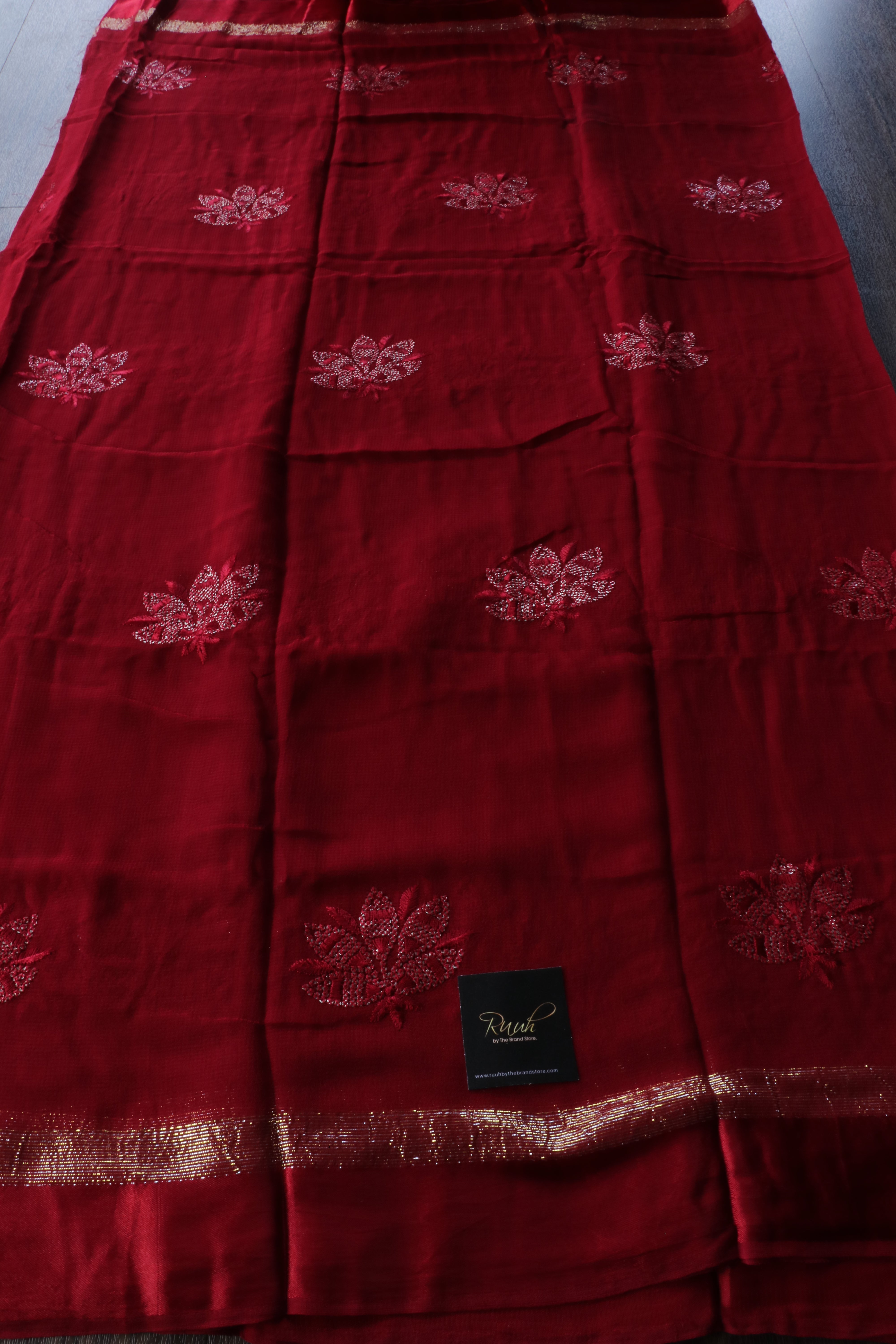 DEEP MAROON VISCOSE GEORGETTE LOTUS EMBROIDERY