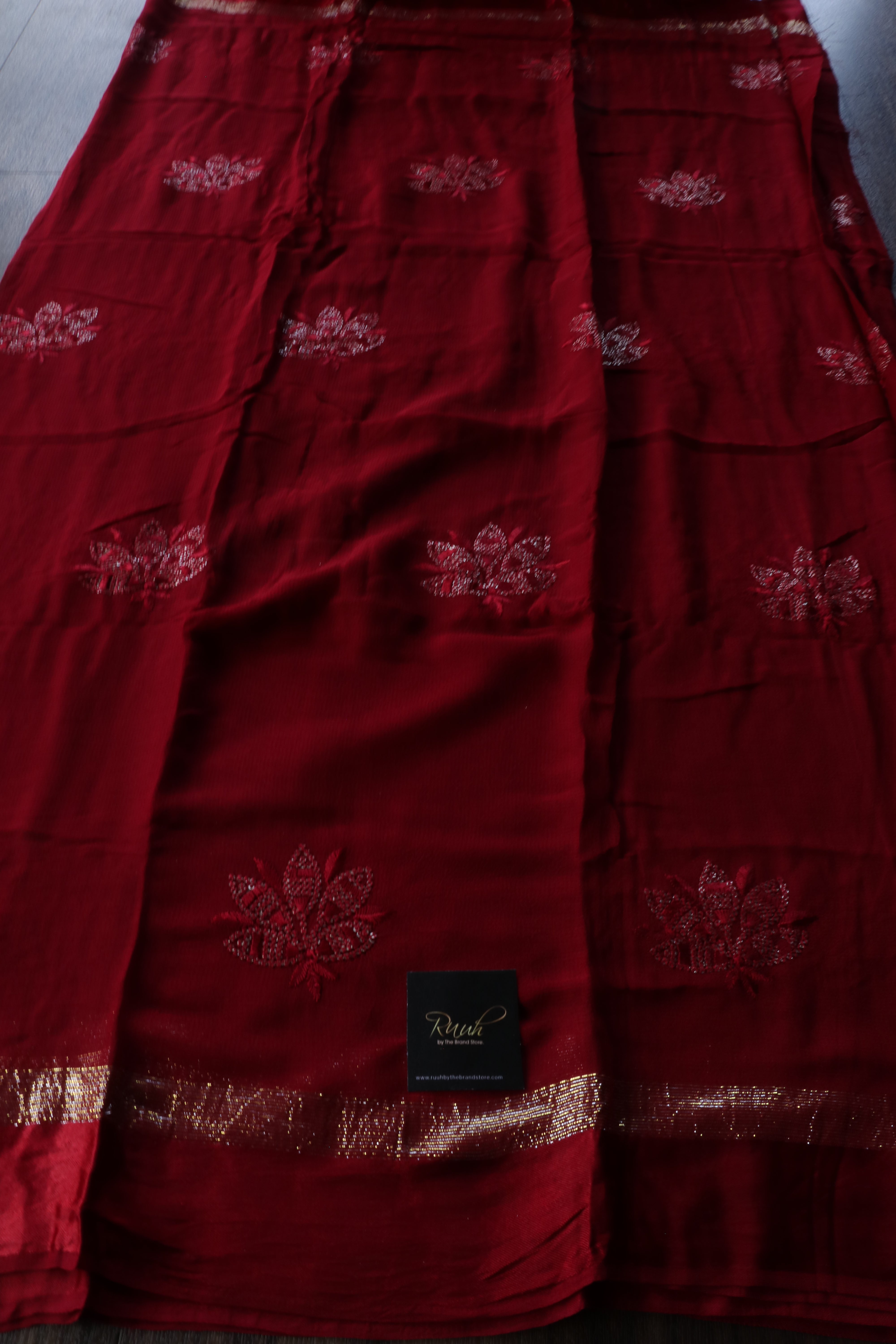 DEEP MAROON VISCOSE GEORGETTE LOTUS EMBROIDERY