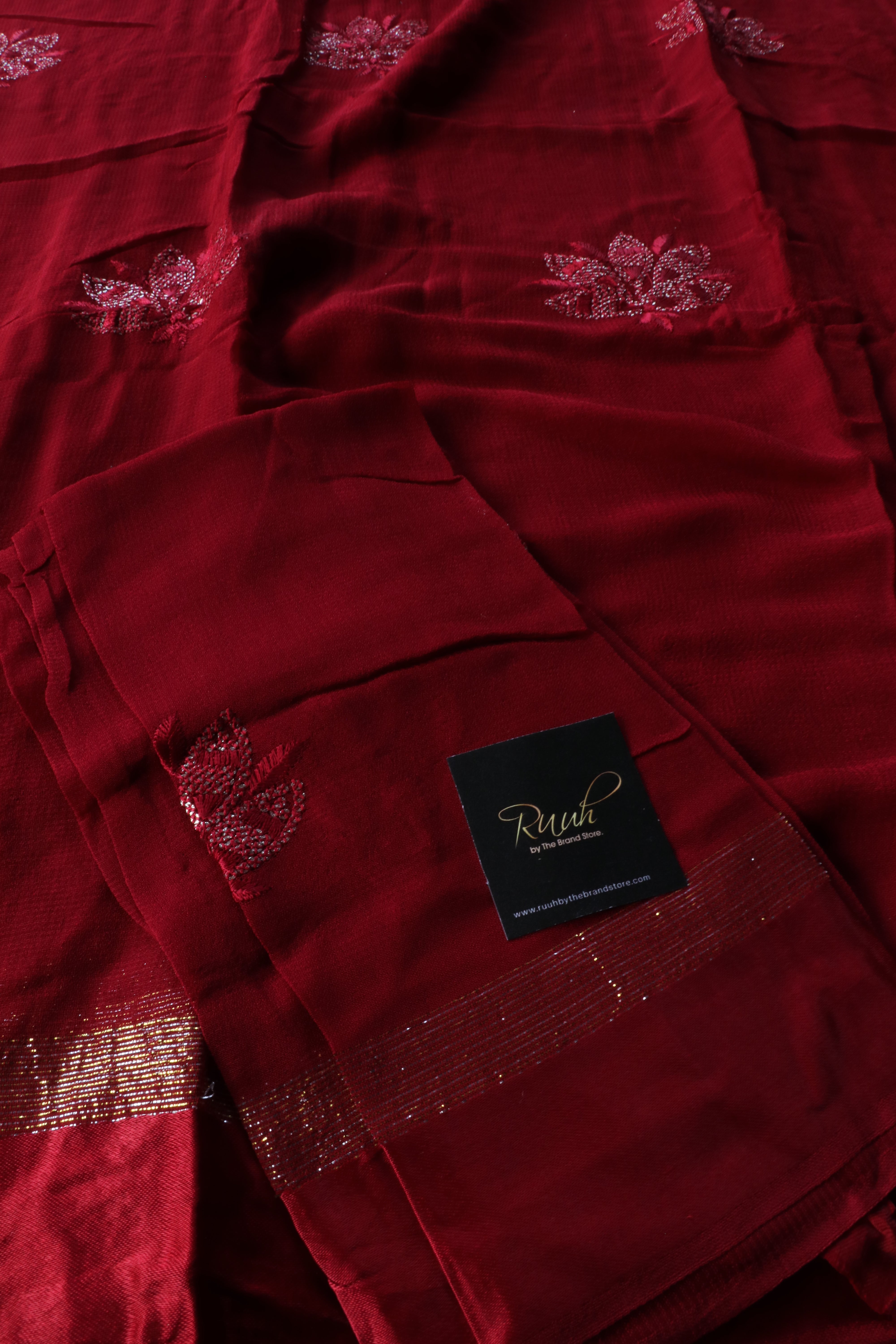 DEEP MAROON VISCOSE GEORGETTE LOTUS EMBROIDERY