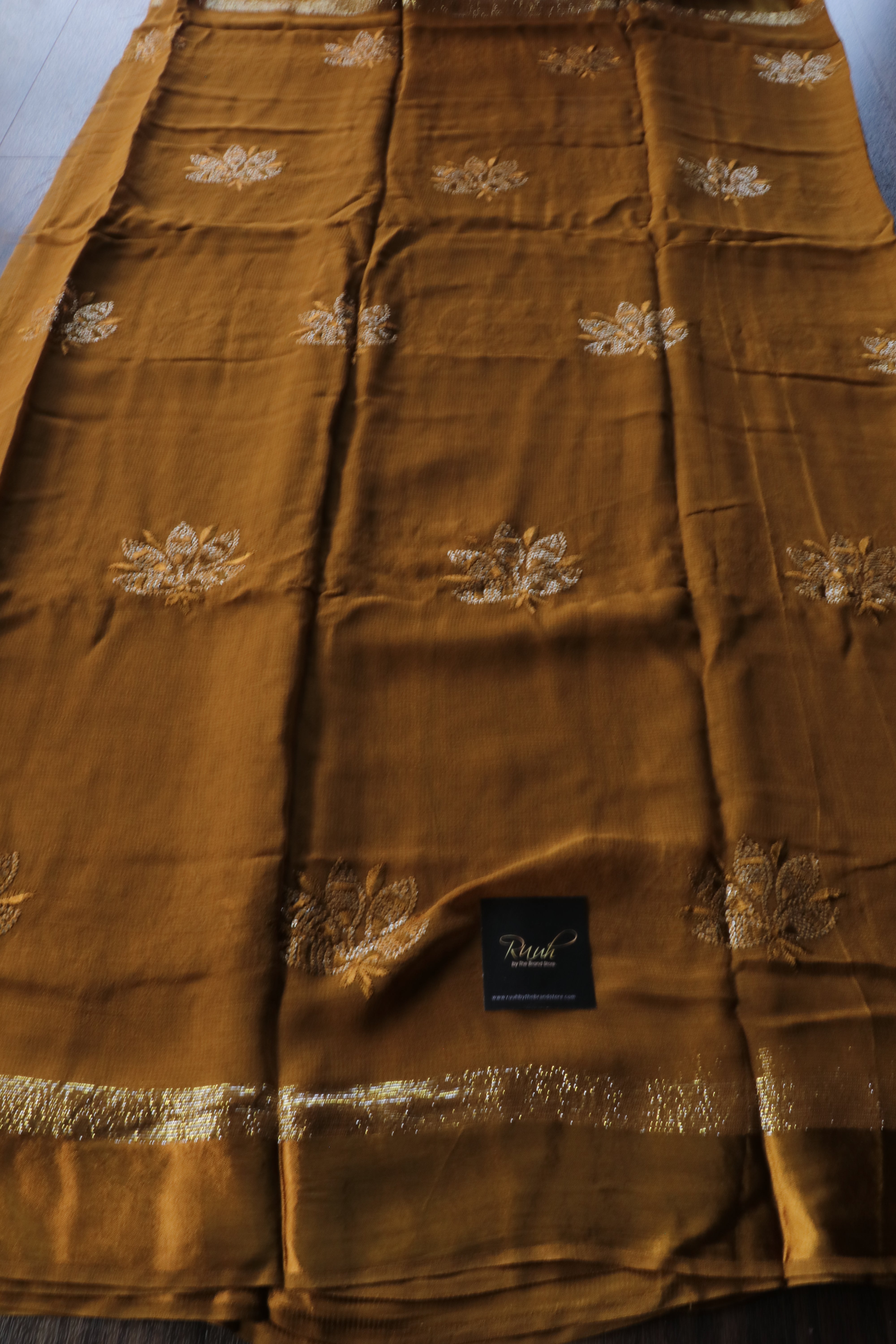 GOLDEN YELLOW VISCOSE GEORGETTE SAREE WITH LOTUS EMBROIDERY