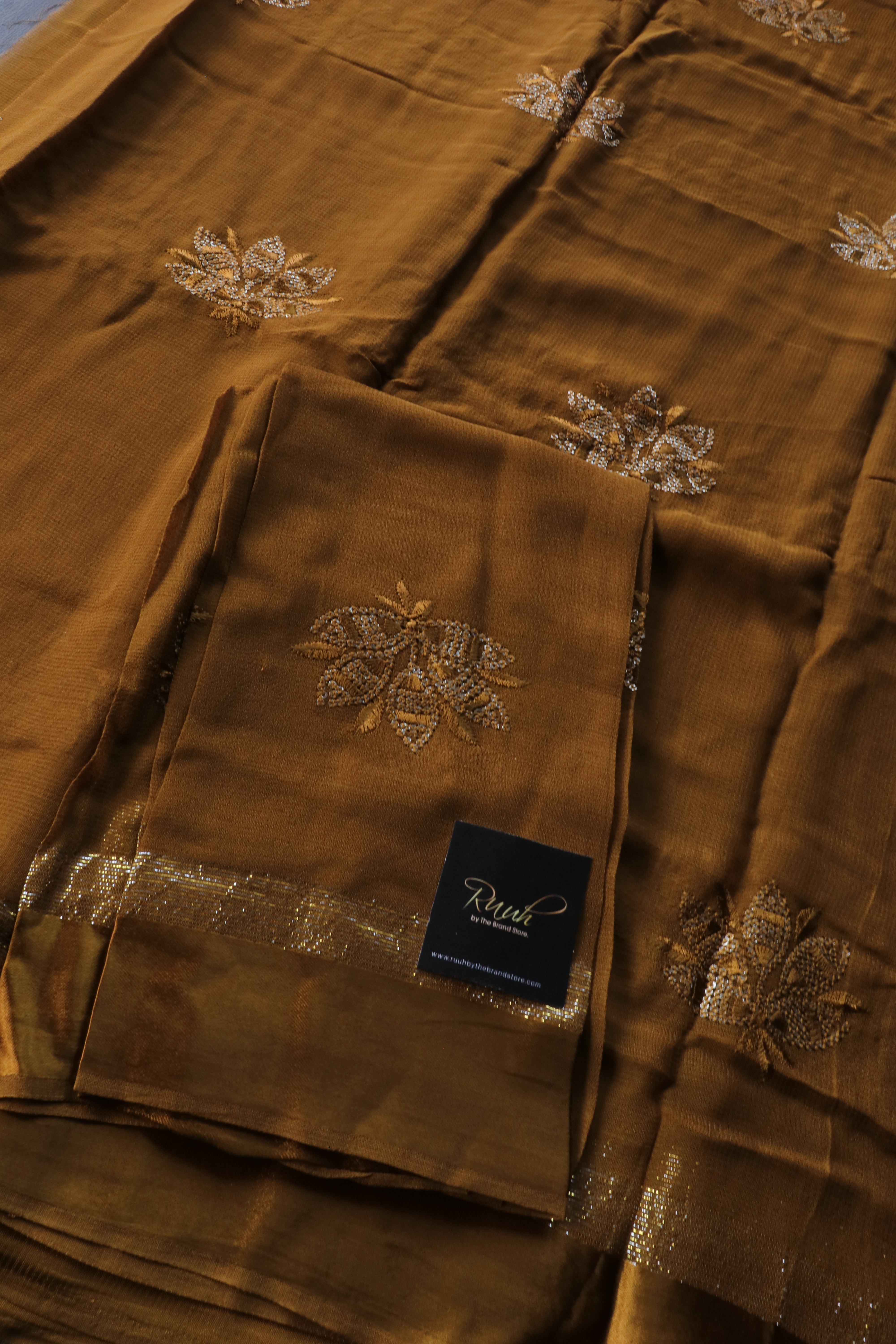 GOLDEN YELLOW VISCOSE GEORGETTE SAREE WITH LOTUS EMBROIDERY
