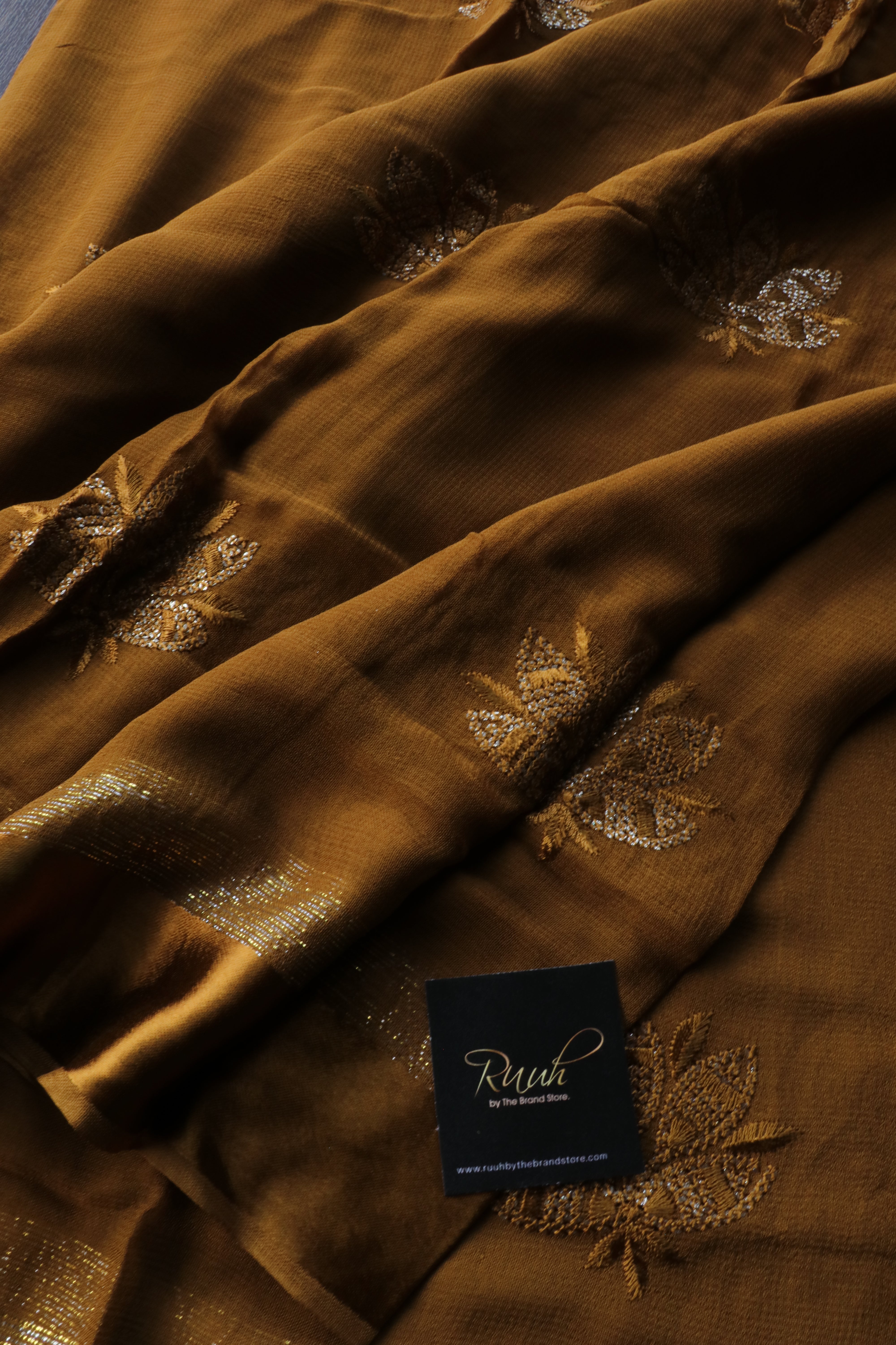 GOLDEN YELLOW VISCOSE GEORGETTE SAREE WITH LOTUS EMBROIDERY
