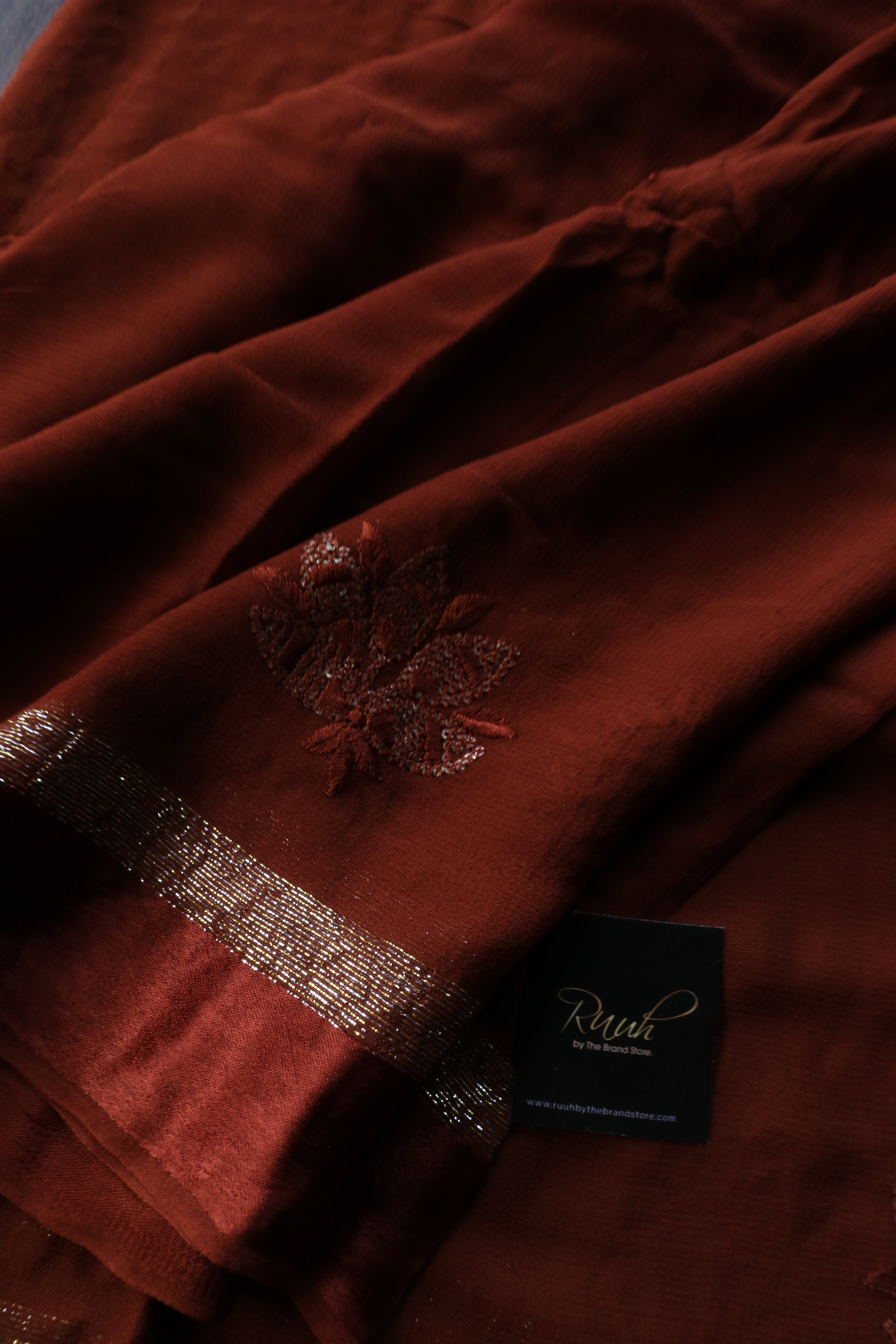 DARK BROWN VISCOSE GEORGETTE SAREE WITH LOTUS EMBROIDERY