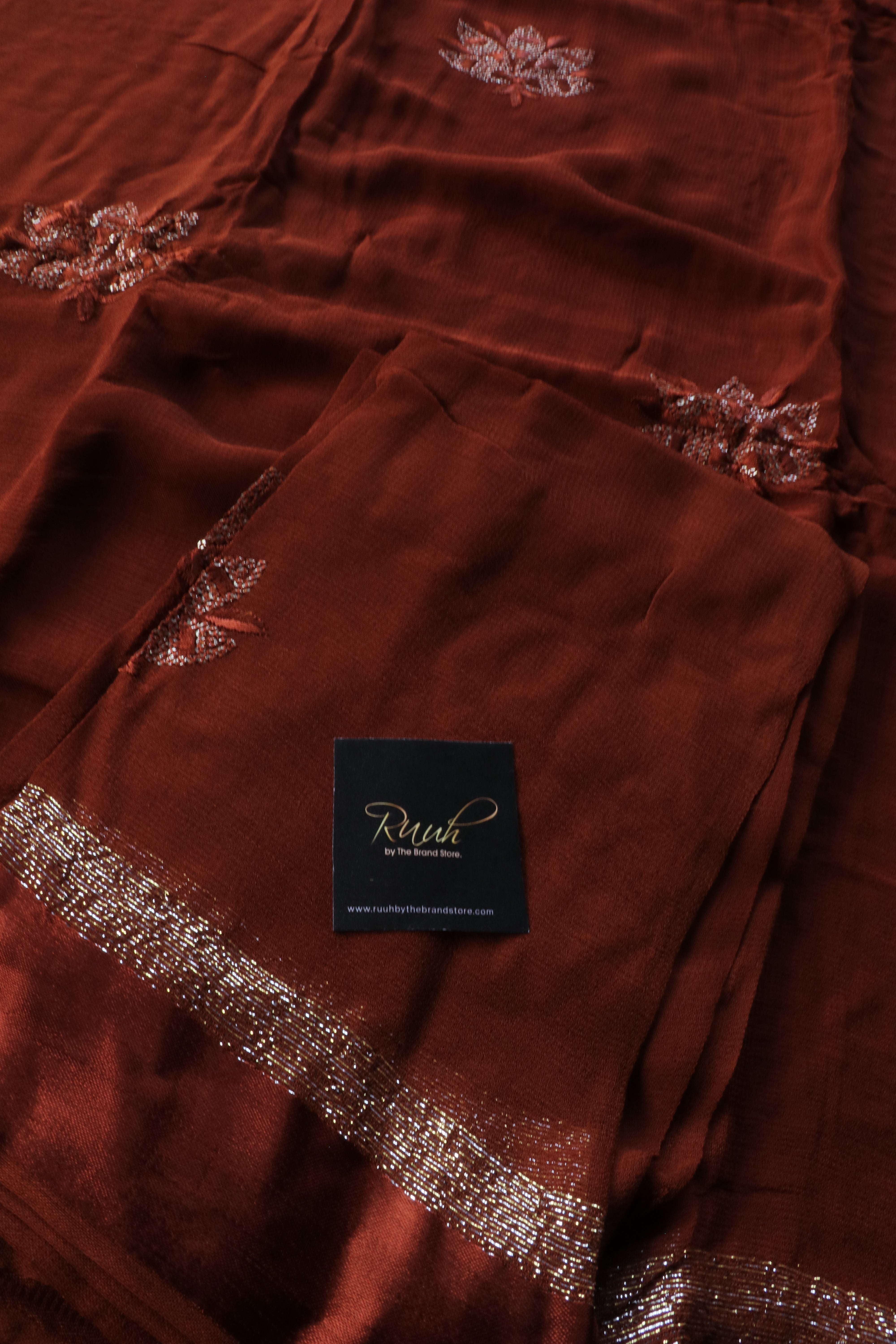 DARK BROWN VISCOSE GEORGETTE SAREE WITH LOTUS EMBROIDERY
