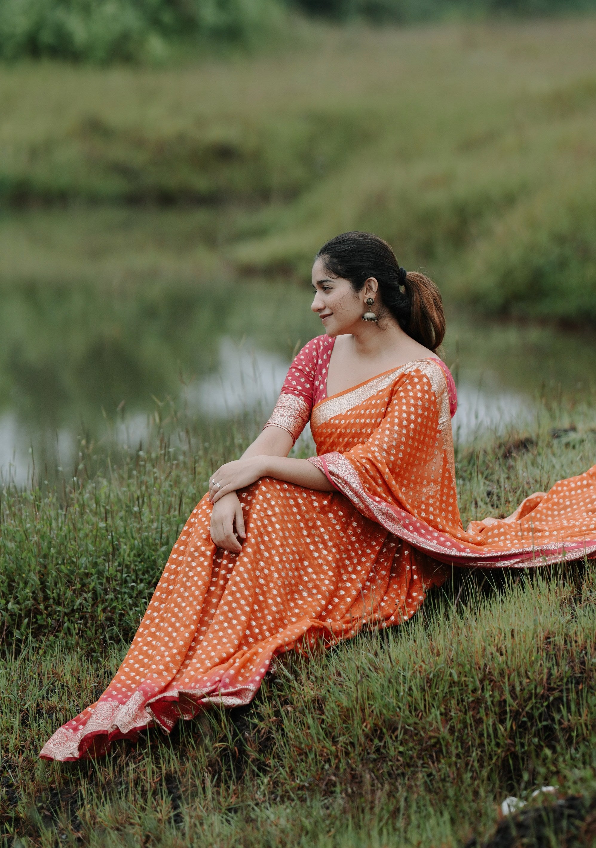 ORANGE-PINK VISCOSE GEORGETTE SAREE