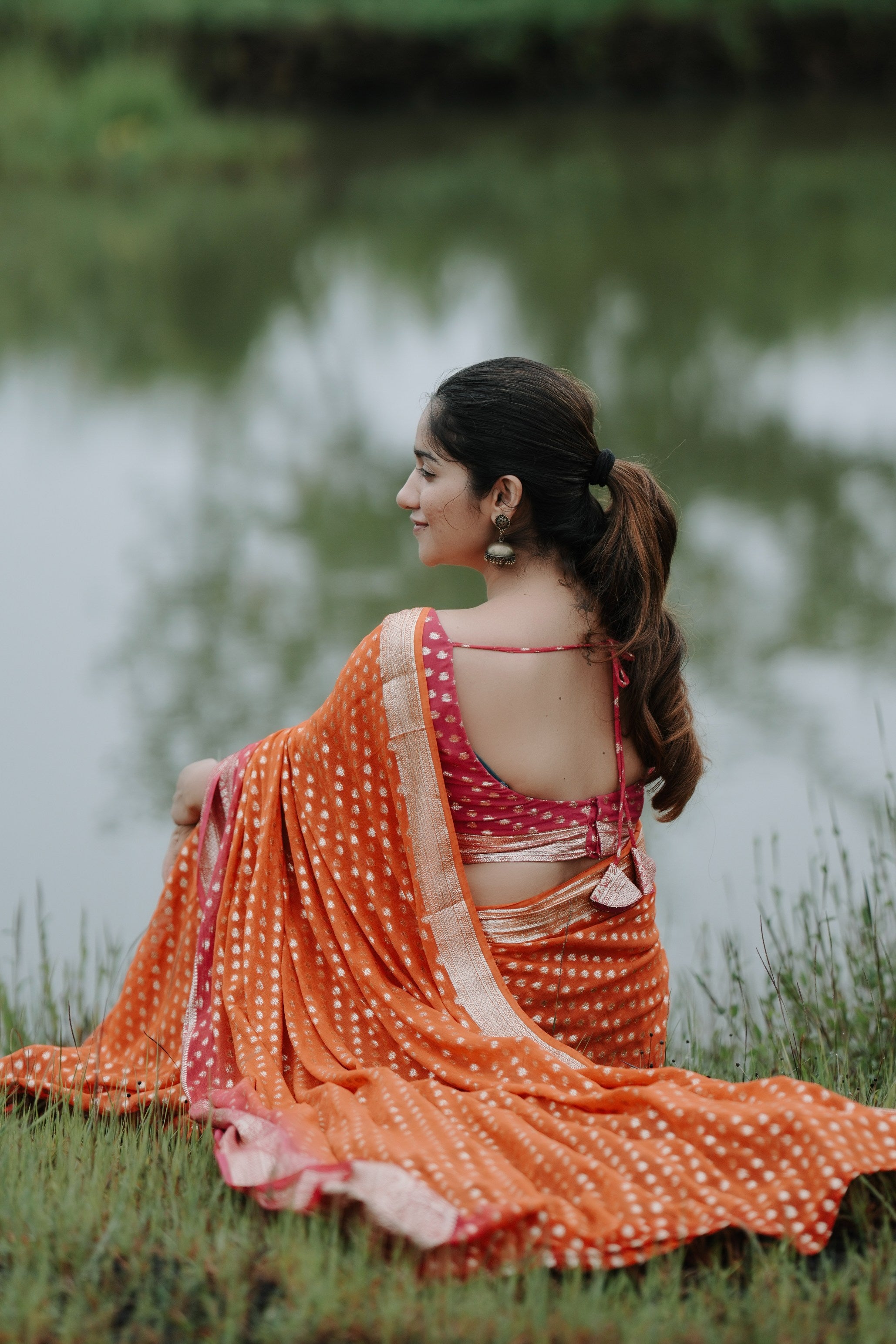 ORANGE-PINK VISCOSE GEORGETTE SAREE