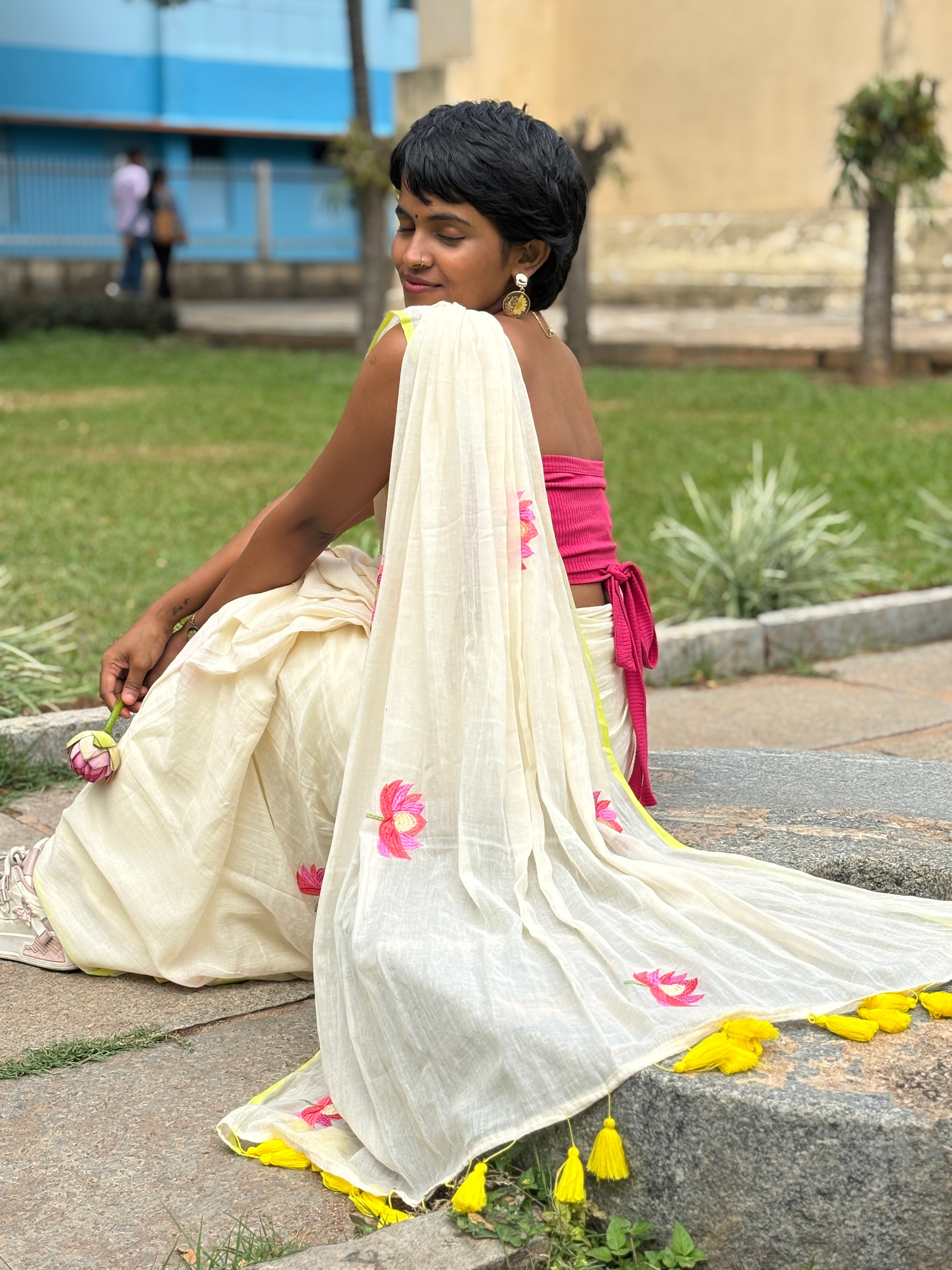 LOTUS EMBROIDERY MUL MUL COTTON SAREE- PREORDER