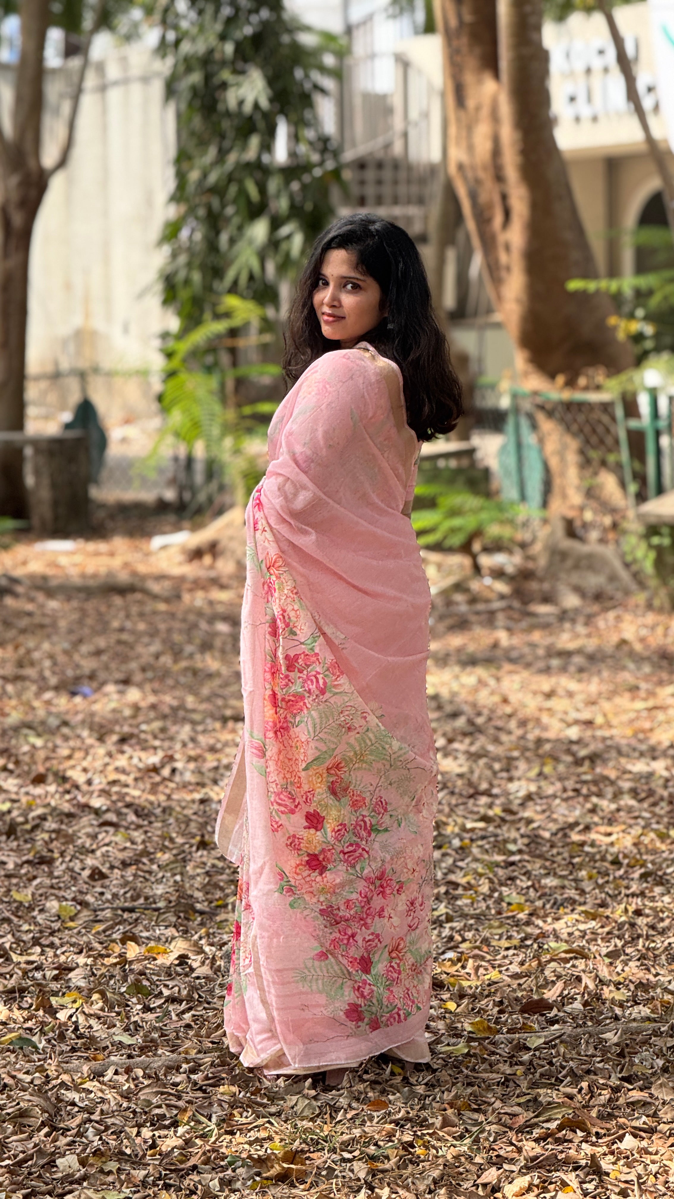 PEACH PINK FLORAL PRINTED SAREE