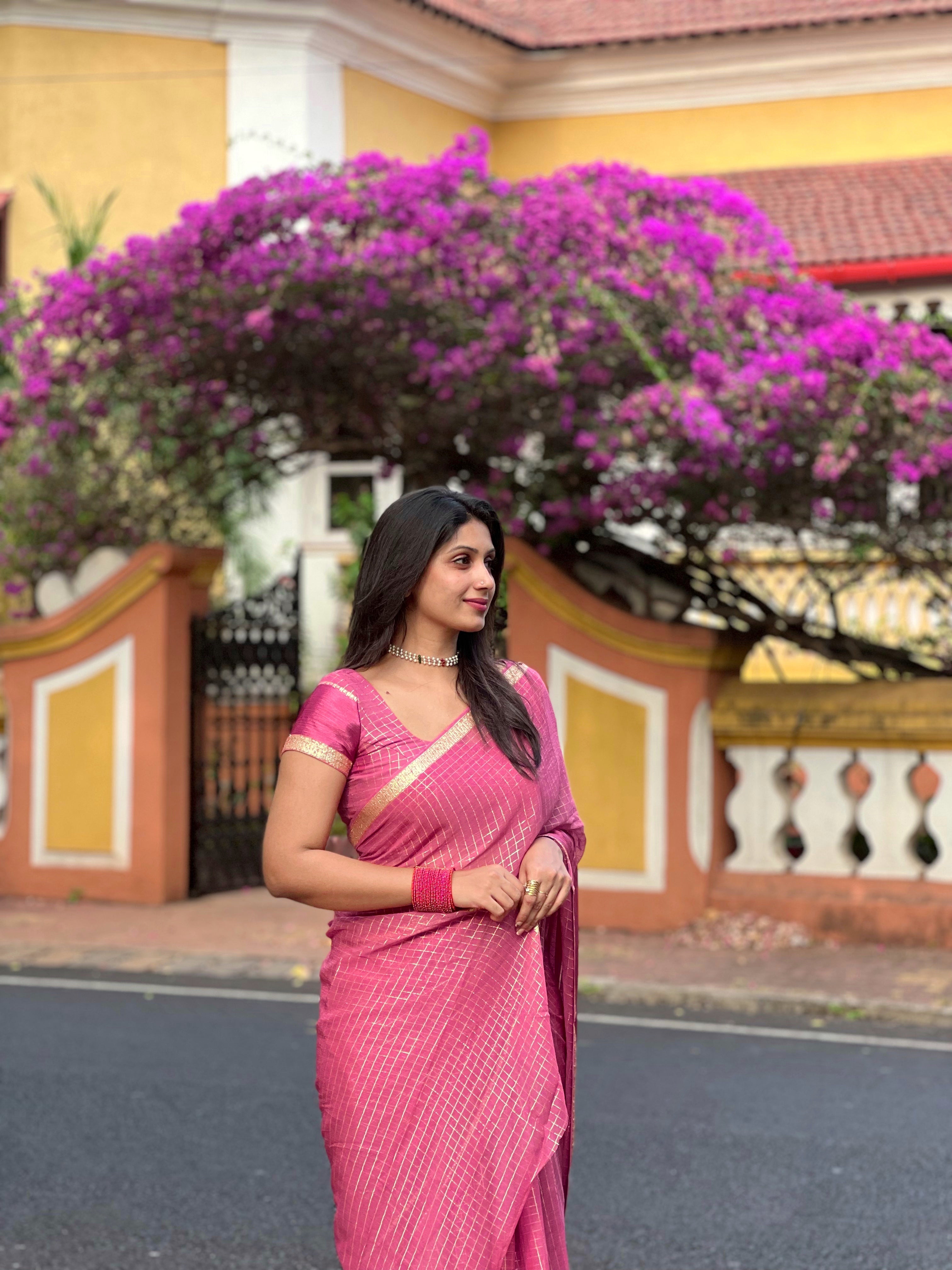 ONION PINK VISCOSE CHECK SAREE - TBS26VC - PREBOOKING