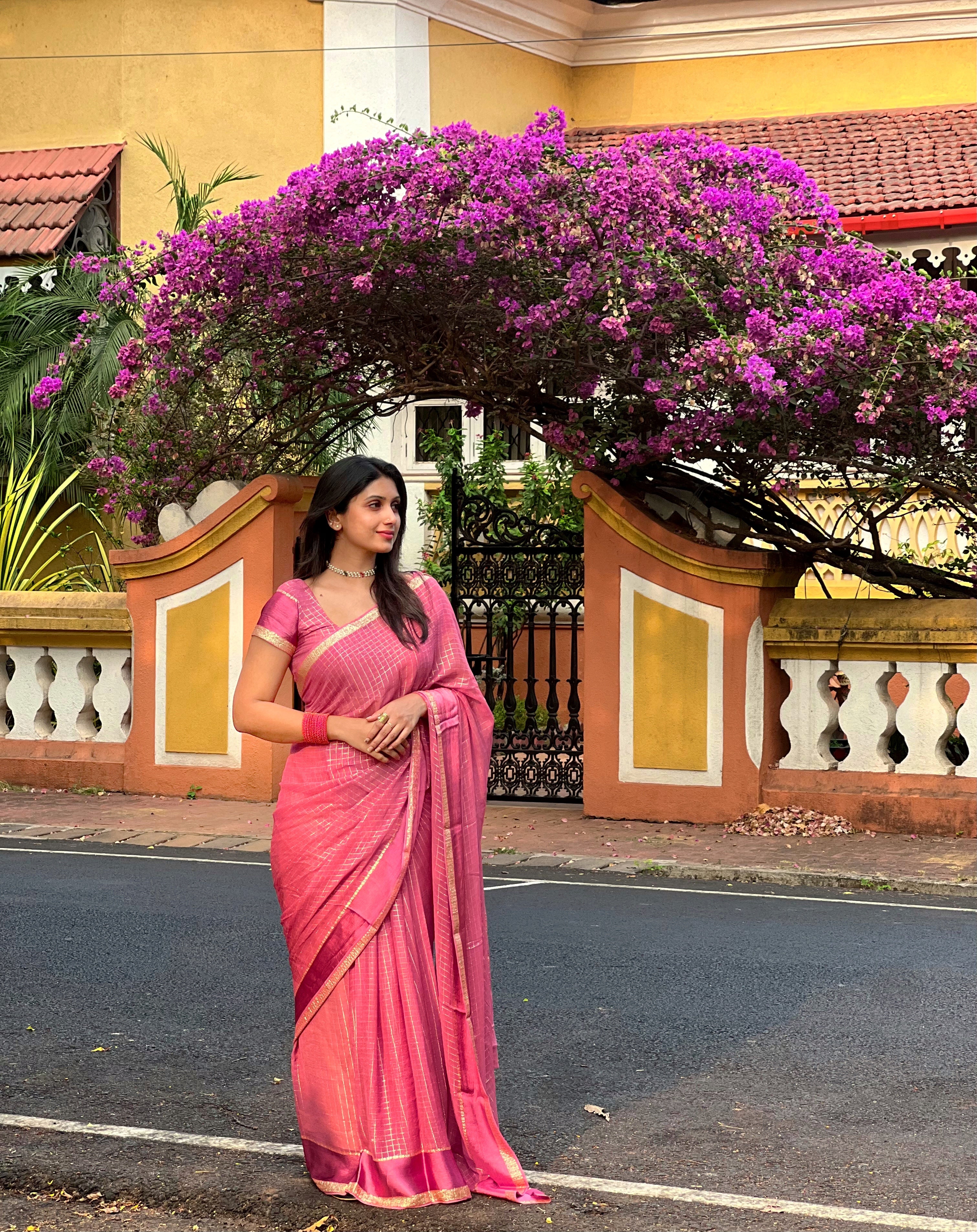 ONION PINK VISCOSE CHECK SAREE - TBS26VC - PREBOOKING