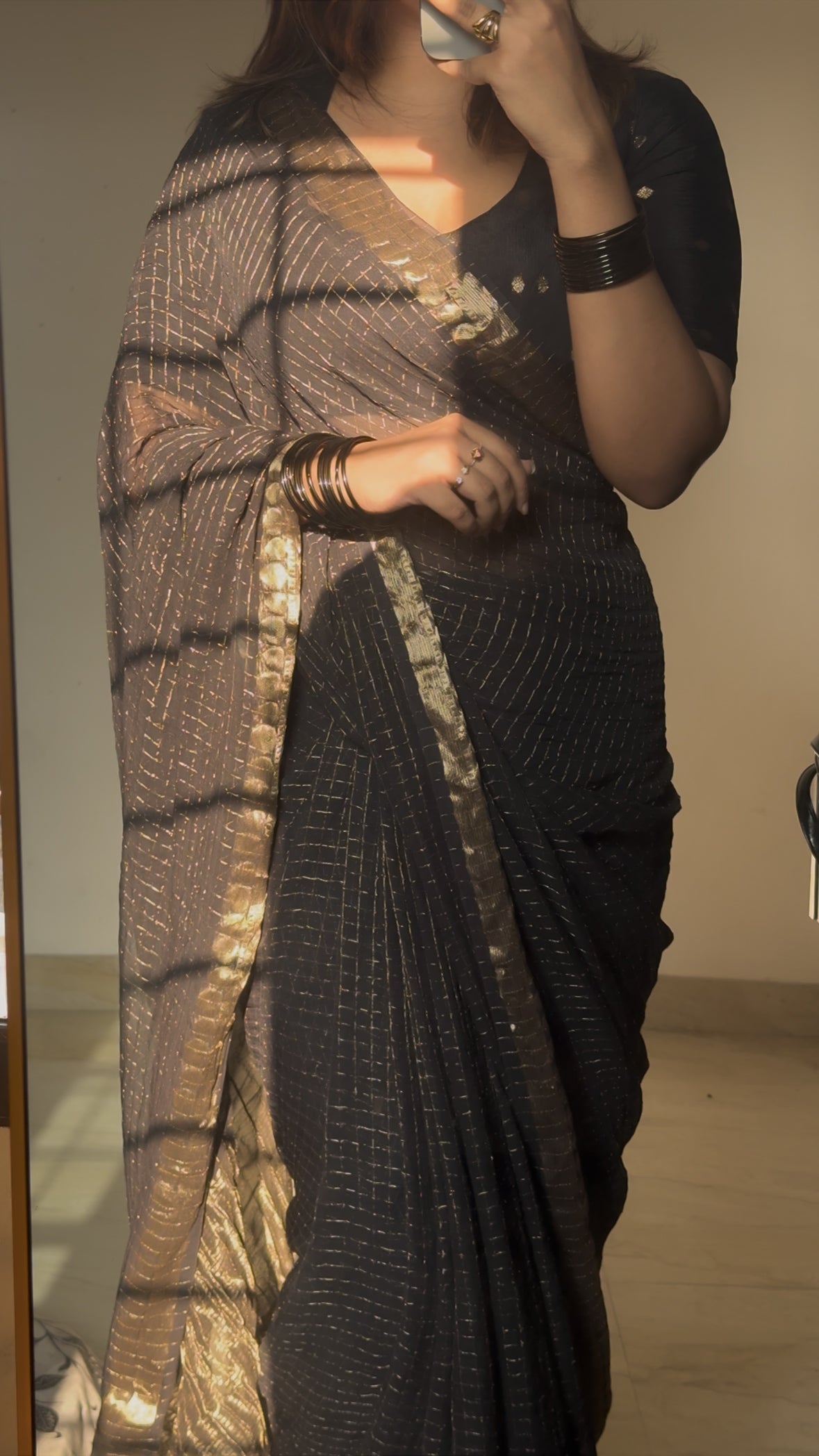 BLACK VISCOSE CHECK SAREE- TBS26VC1