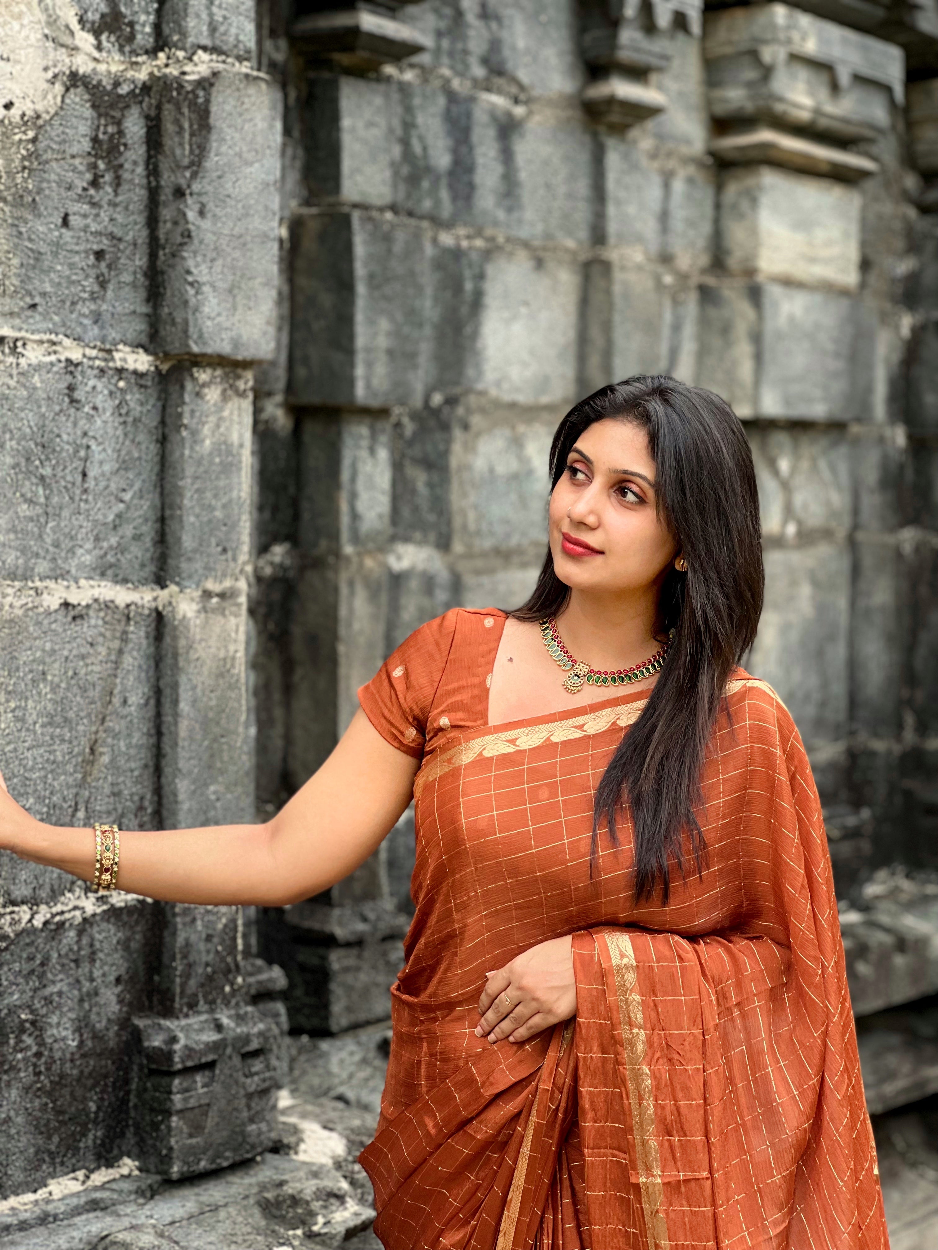BROWN VISCOSE CHINNON SAREE- TBS26VC1- PREBOOK