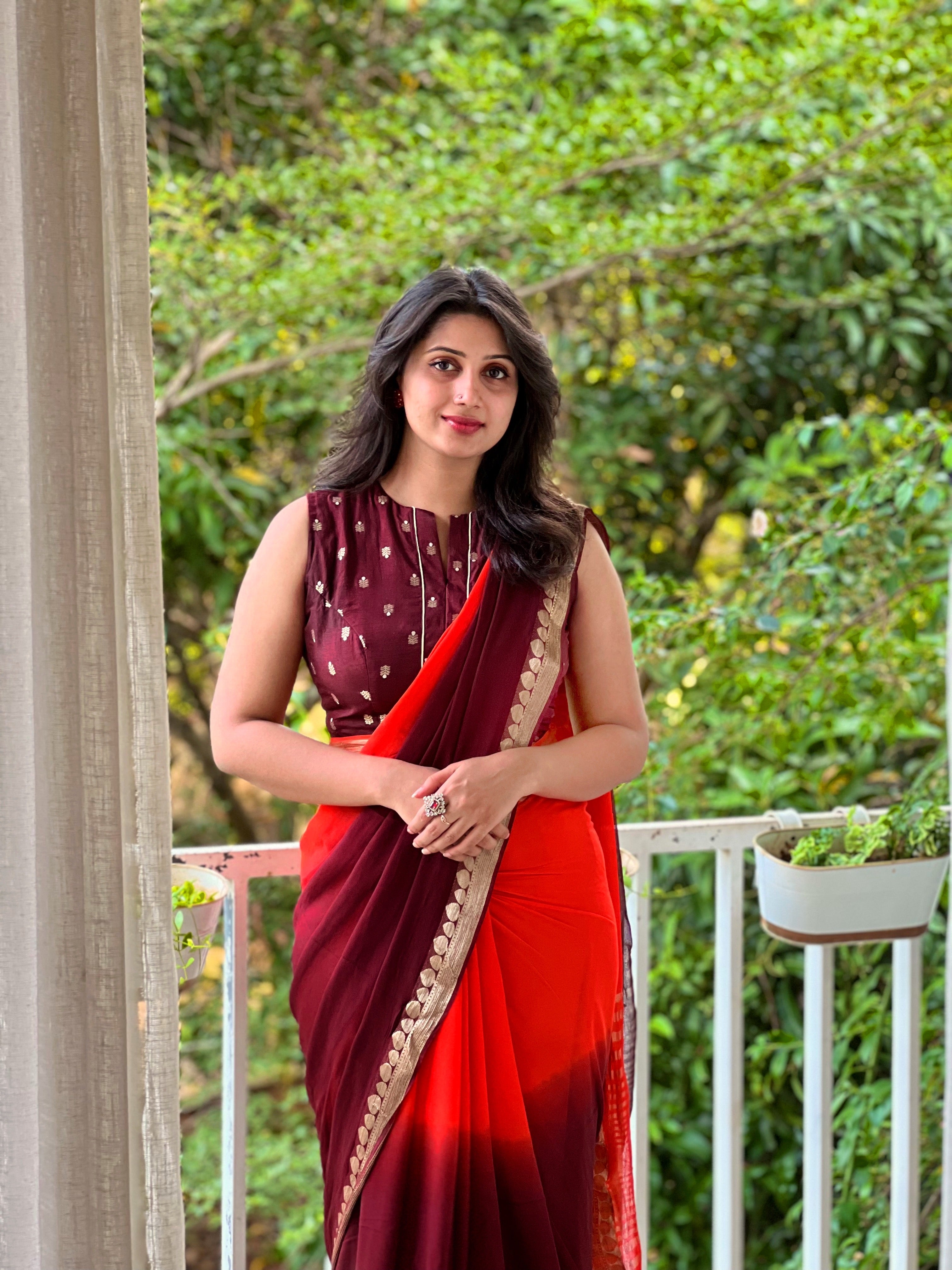 ORANGE BROWN VISCOSE GEORGETTE SAREE - TBS26VDS