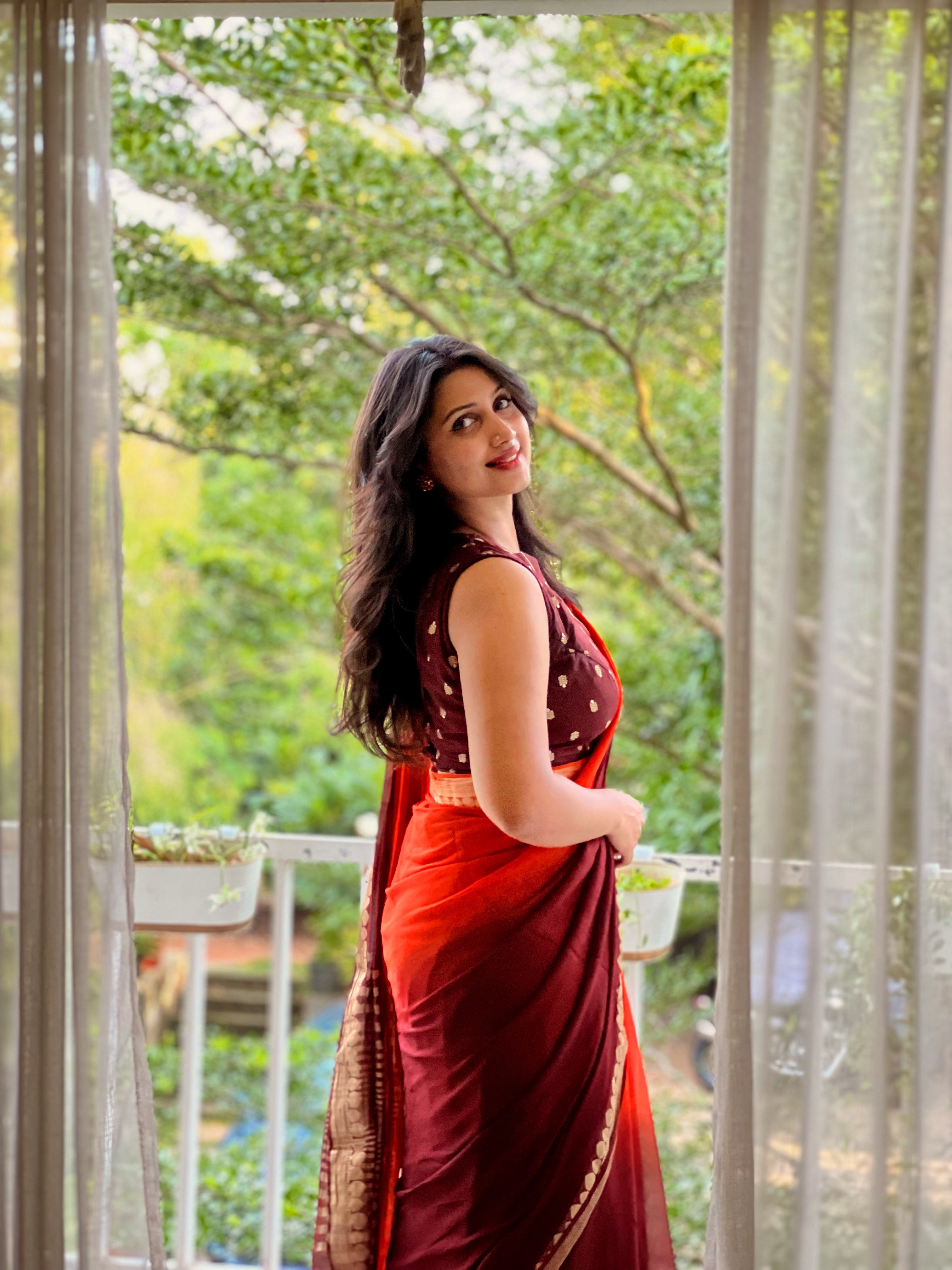 ORANGE BROWN VISCOSE GEORGETTE SAREE - TBS26VDS