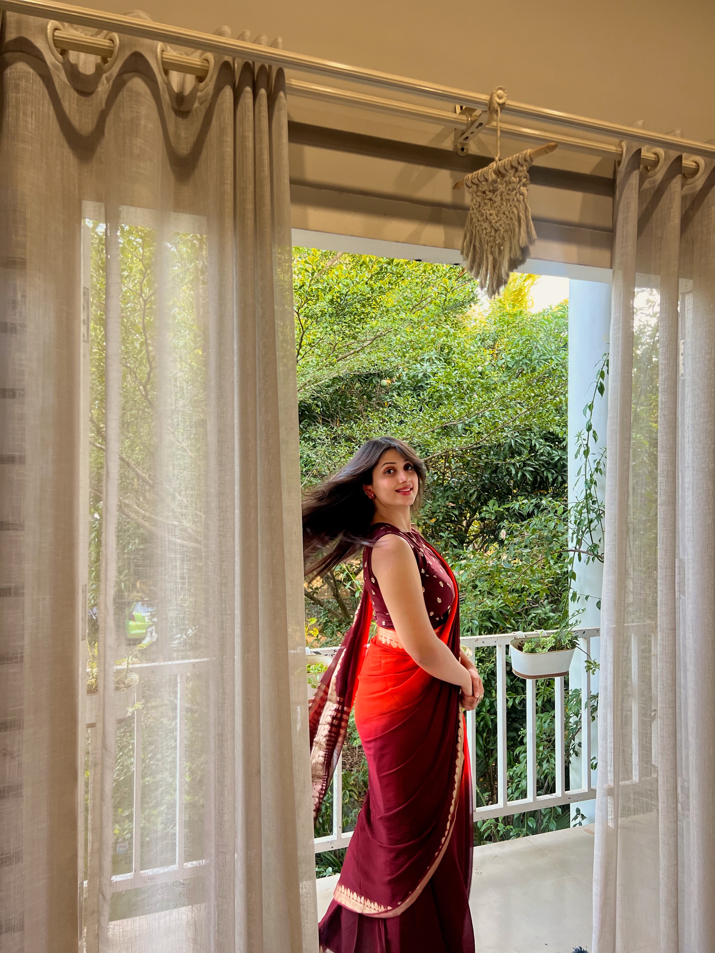 ORANGE BROWN VISCOSE GEORGETTE SAREE - TBS26VDS