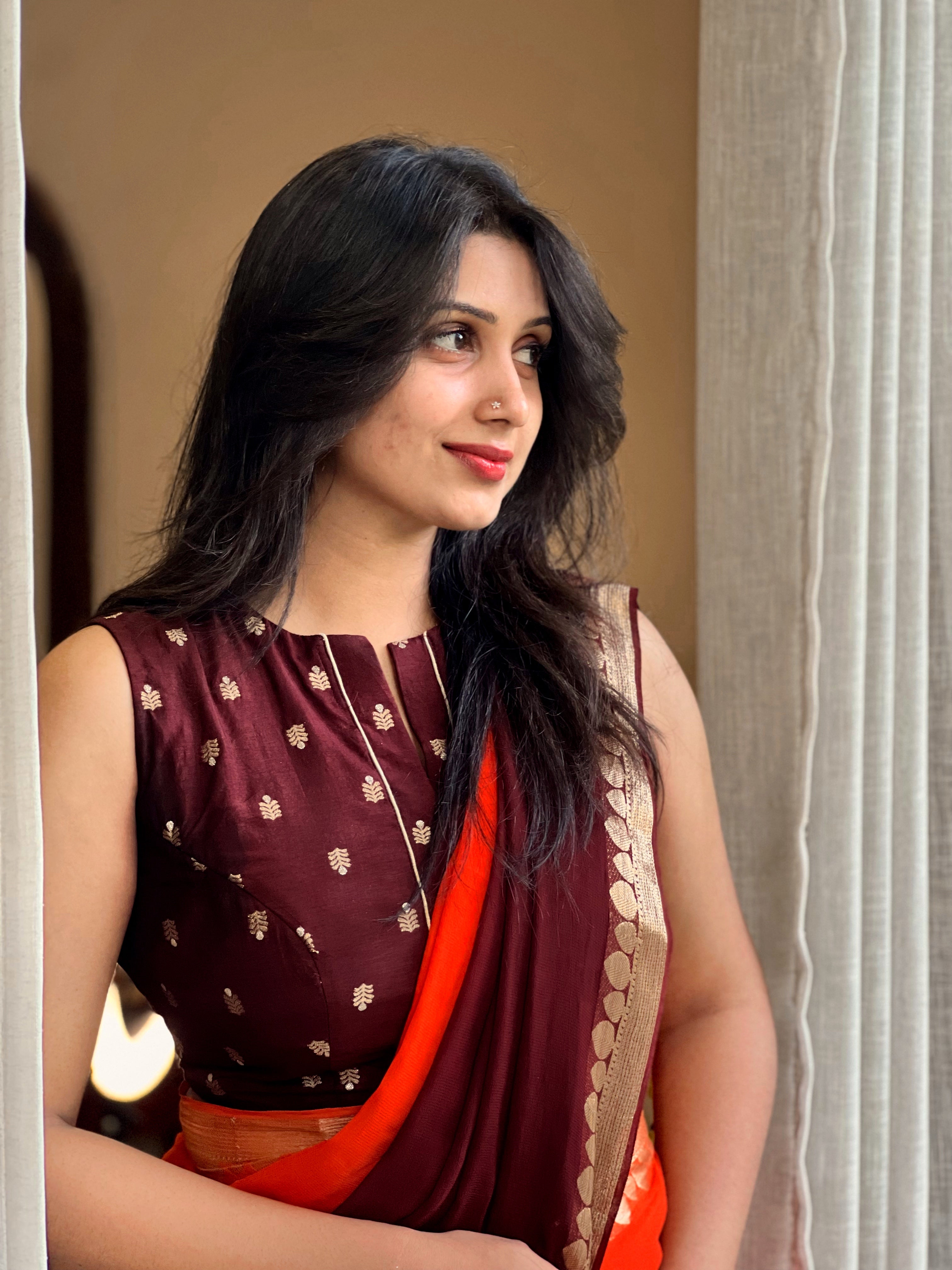 ORANGE BROWN VISCOSE GEORGETTE SAREE - TBS26VDS