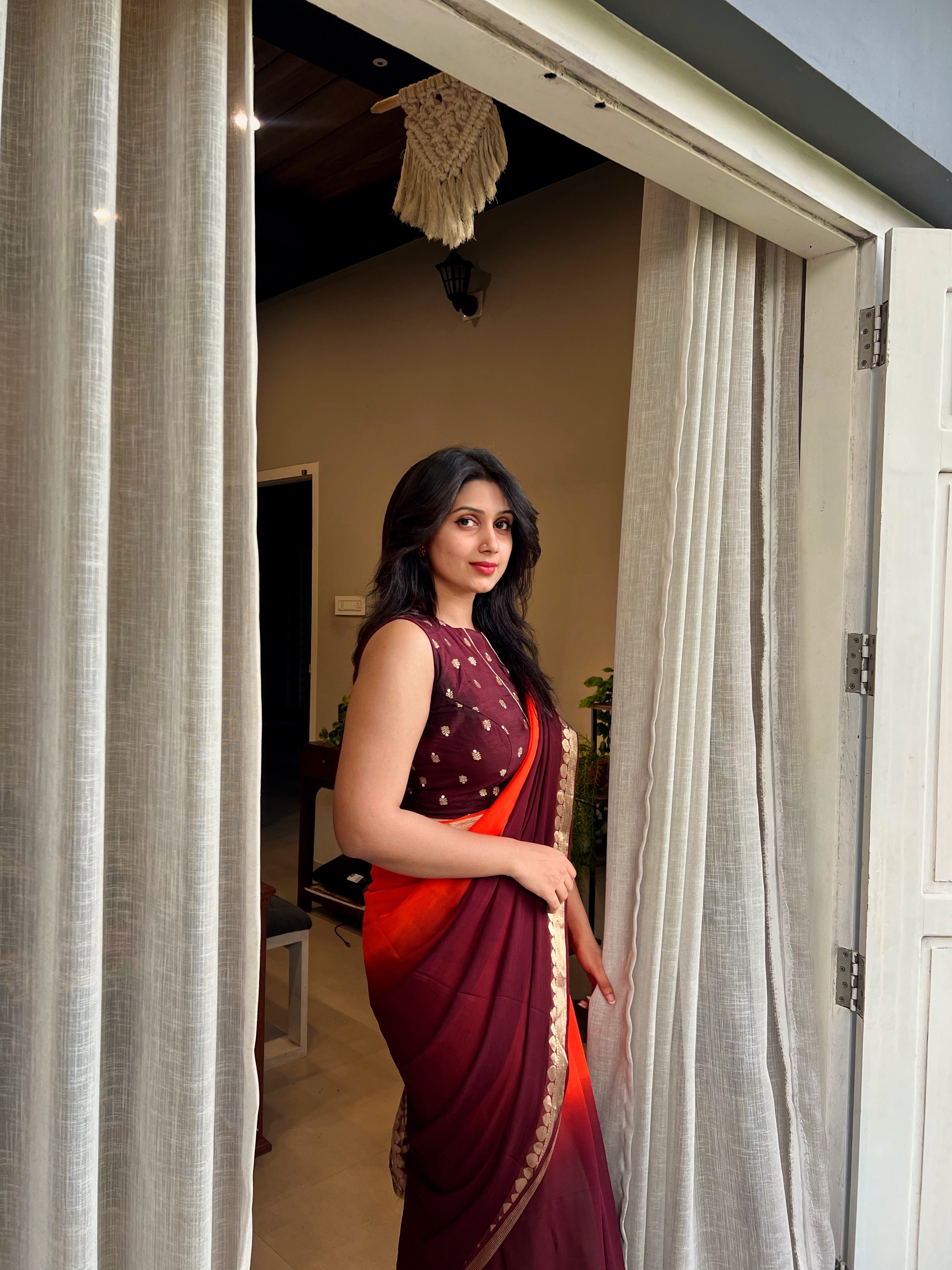 ORANGE BROWN VISCOSE GEORGETTE SAREE - TBS26VDS