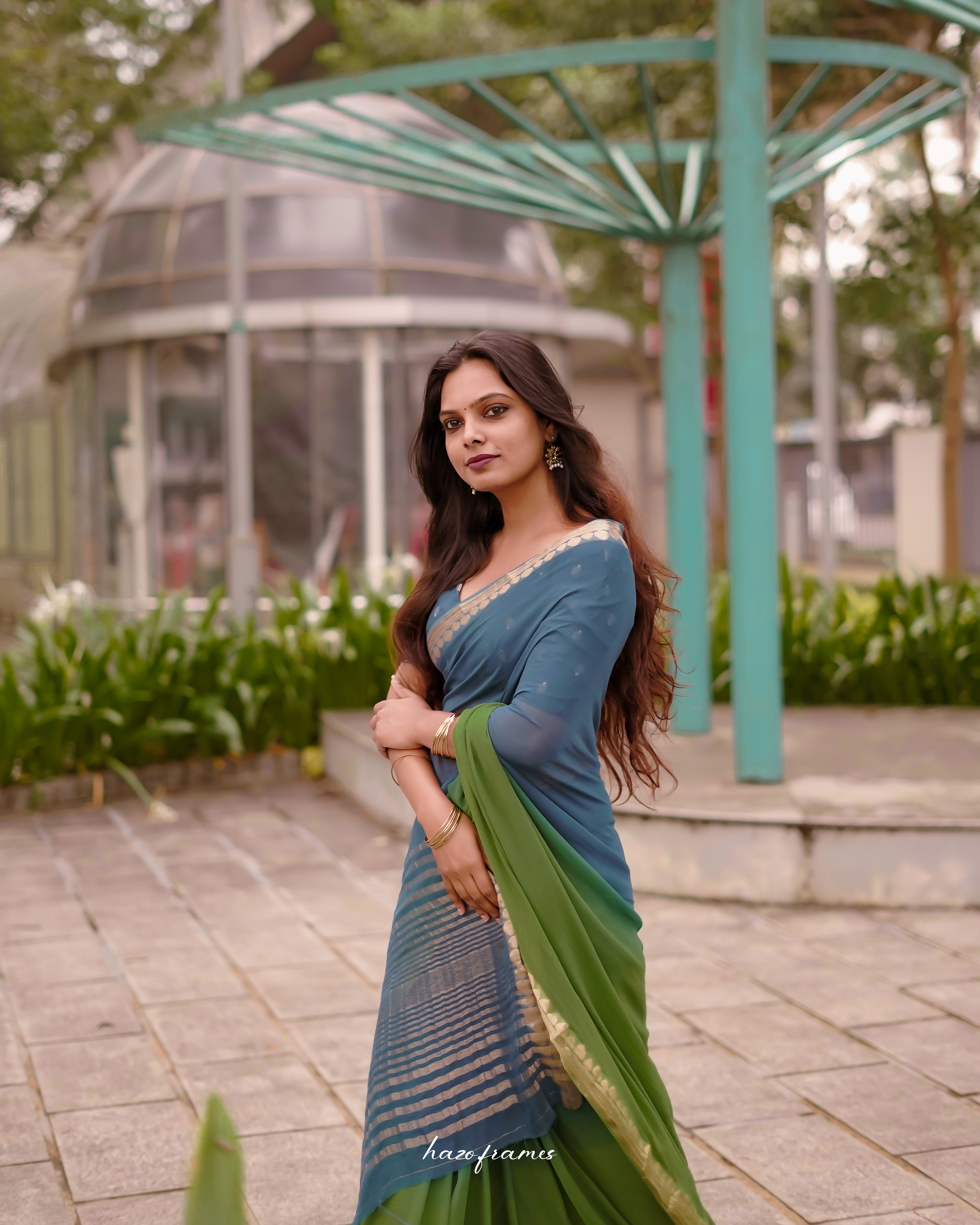 BLUE- GREEN VISCOSE GEORGETTE SAREE