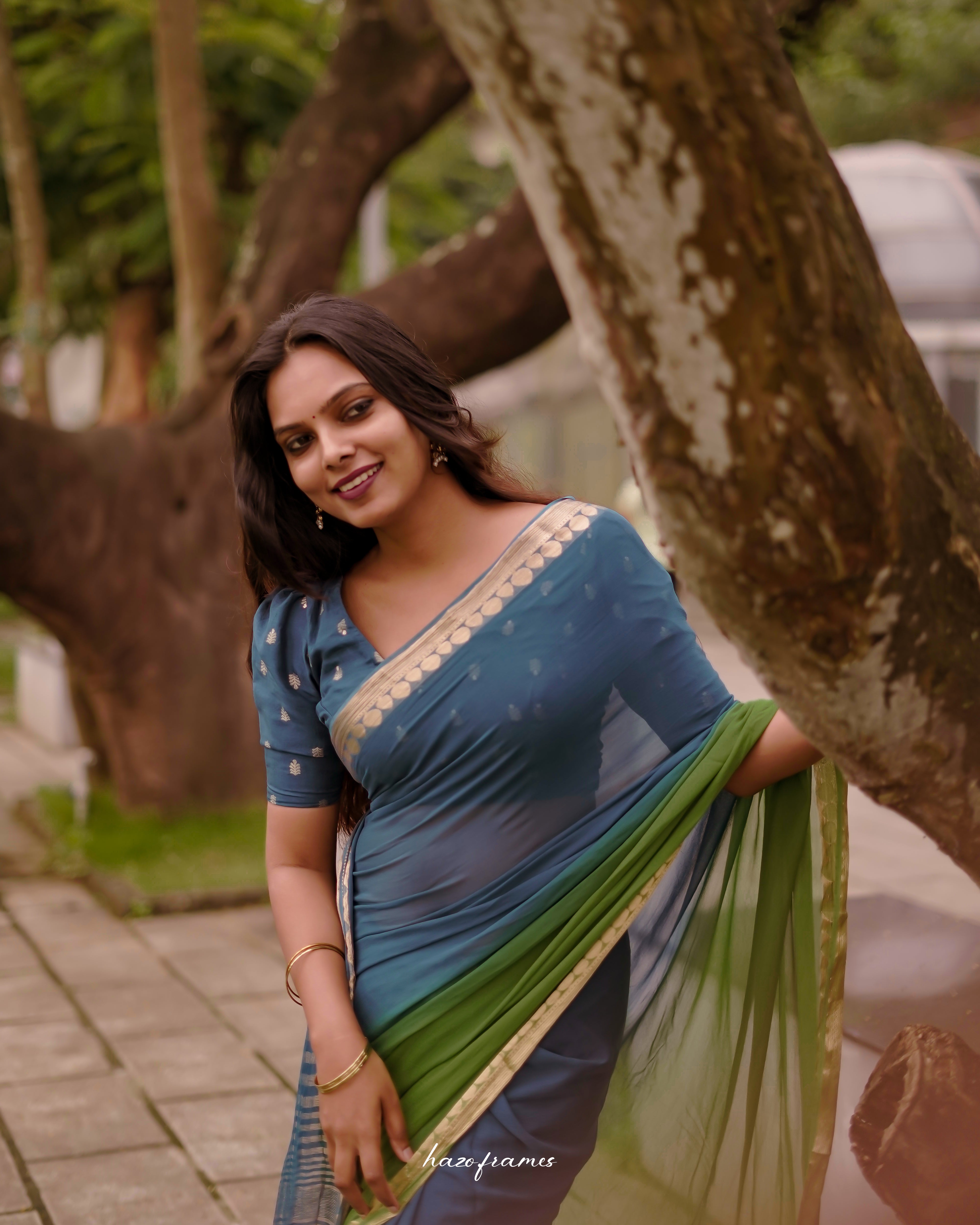 BLUE- GREEN VISCOSE GEORGETTE SAREE