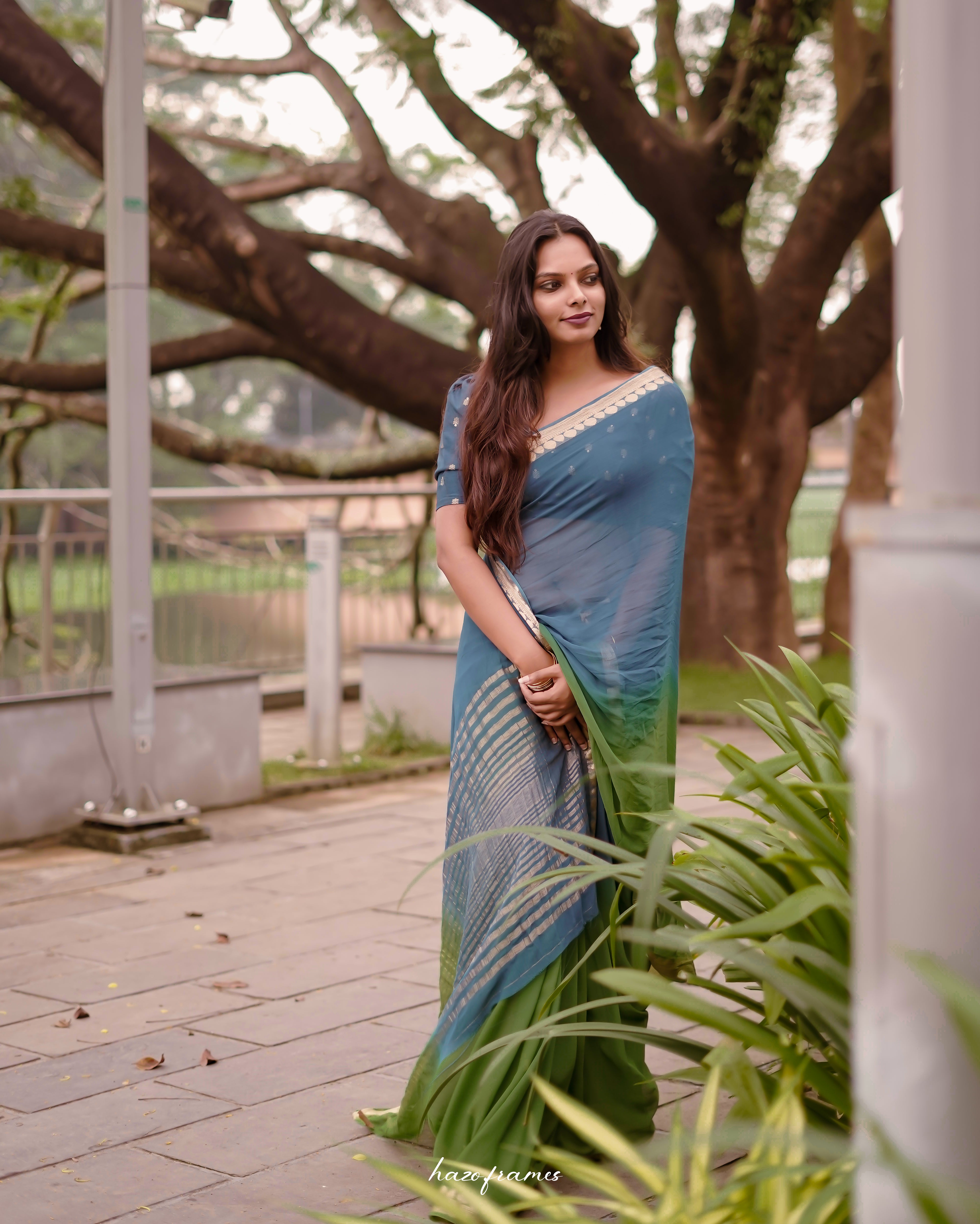 BLUE- GREEN VISCOSE GEORGETTE SAREE